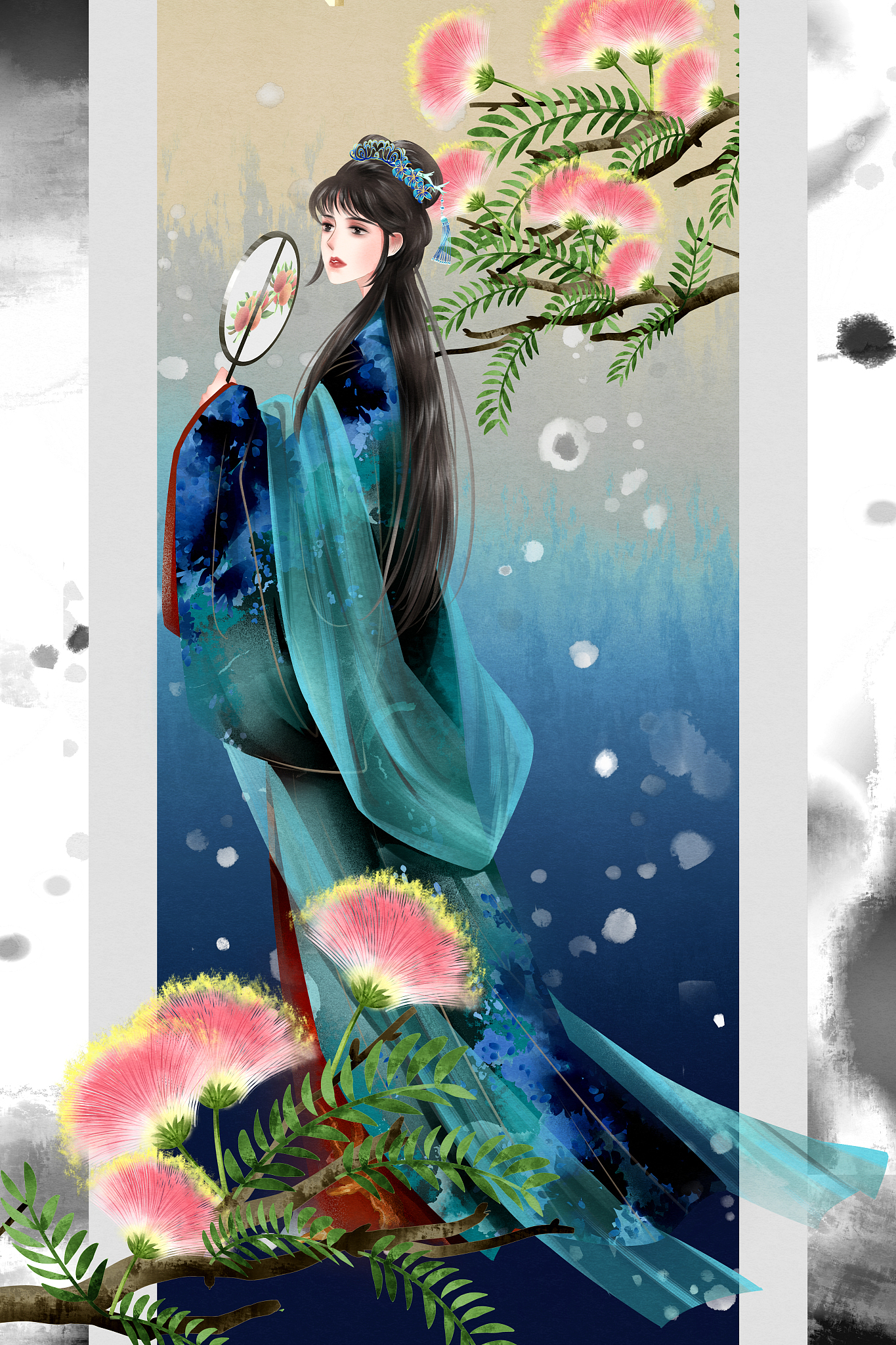 一位中国古代美女站在一座亭子旁含情脉脉飘逸的发髻身着华丽的丝绸 旗袍背景是江南水乡的小桥流水 风格为唐代的古典绘画风采用柔和光线渲染高质量的线条和质感8K分辨率色彩丰富光影恰到好处特写镜头精美光泽超级精细--ar169。