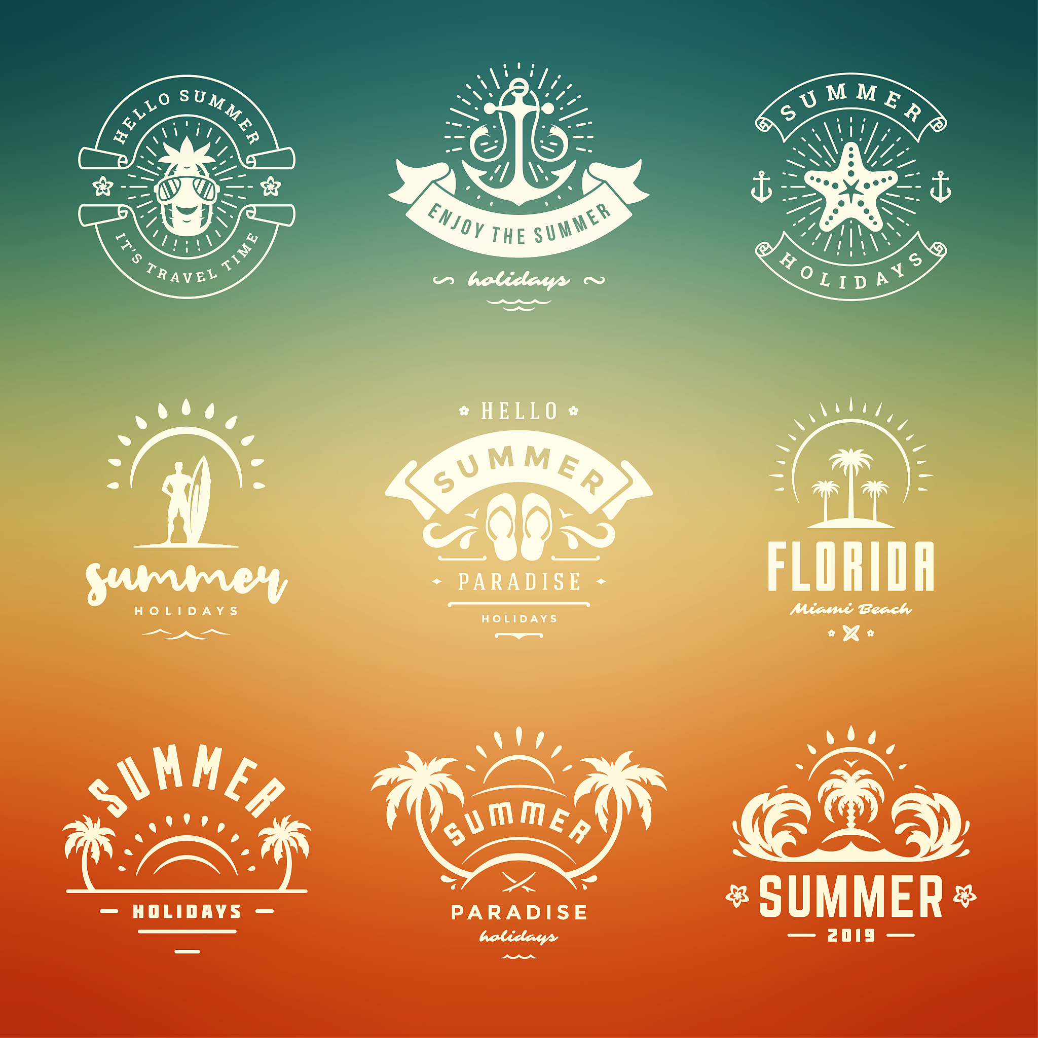 summer holidays labels and badges retro typography design set
