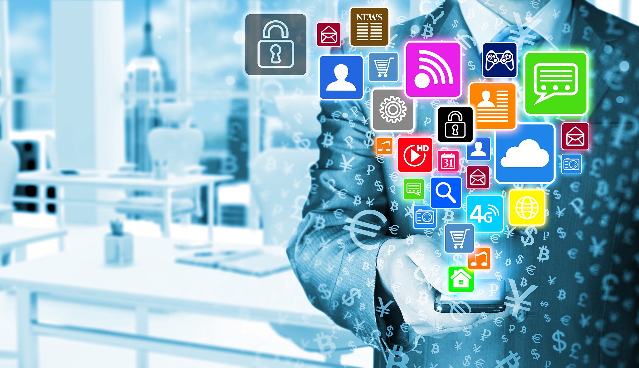 business man using smart phone with social media icon set