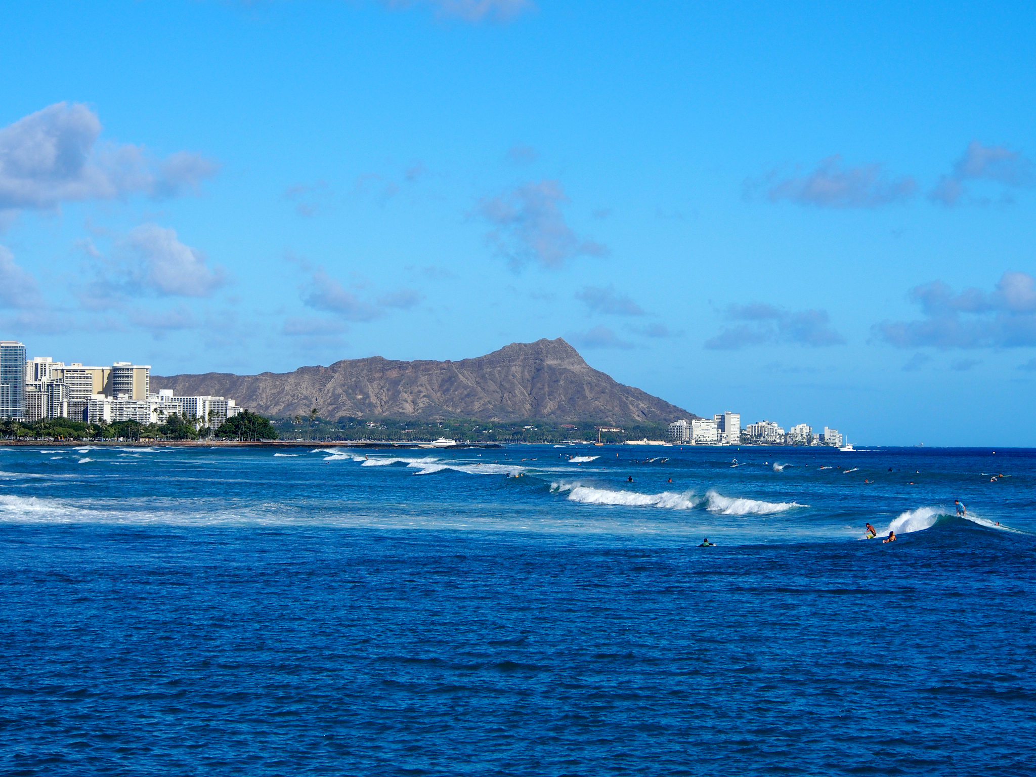 people surf in the water off kewalo basin park