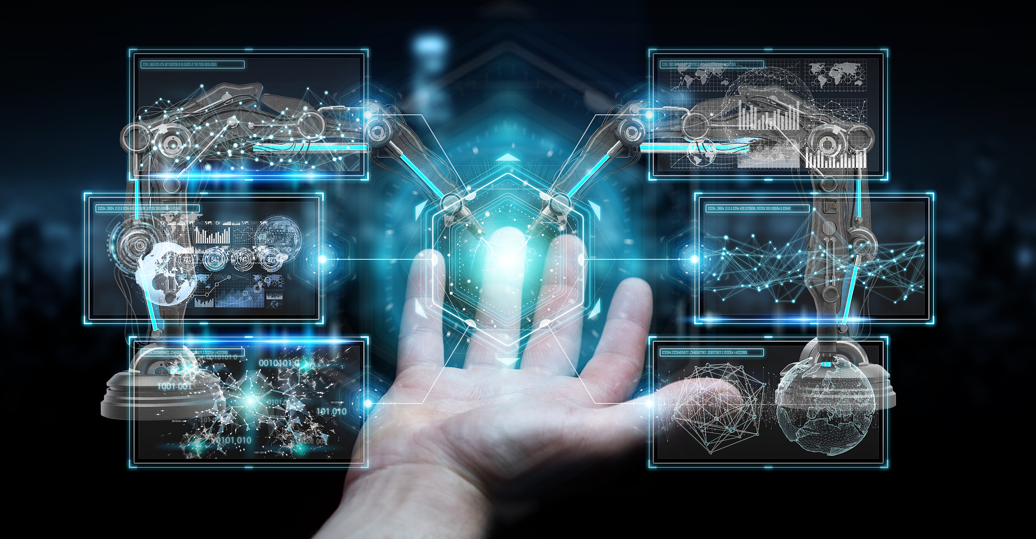 businessman on blurred background using robotics arms with digit