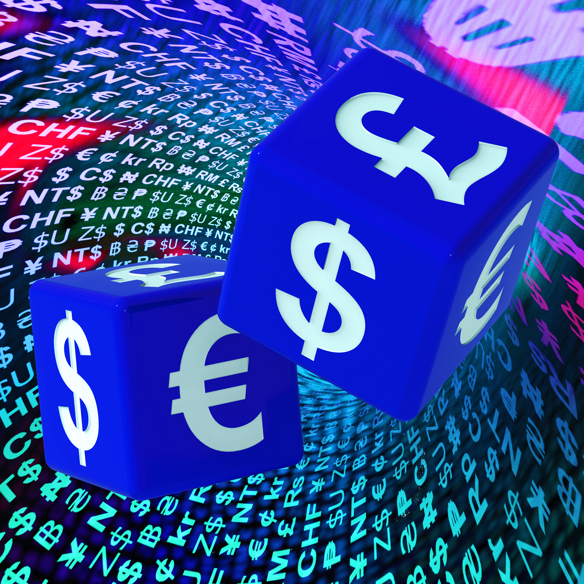 currencies dice on background shows forex