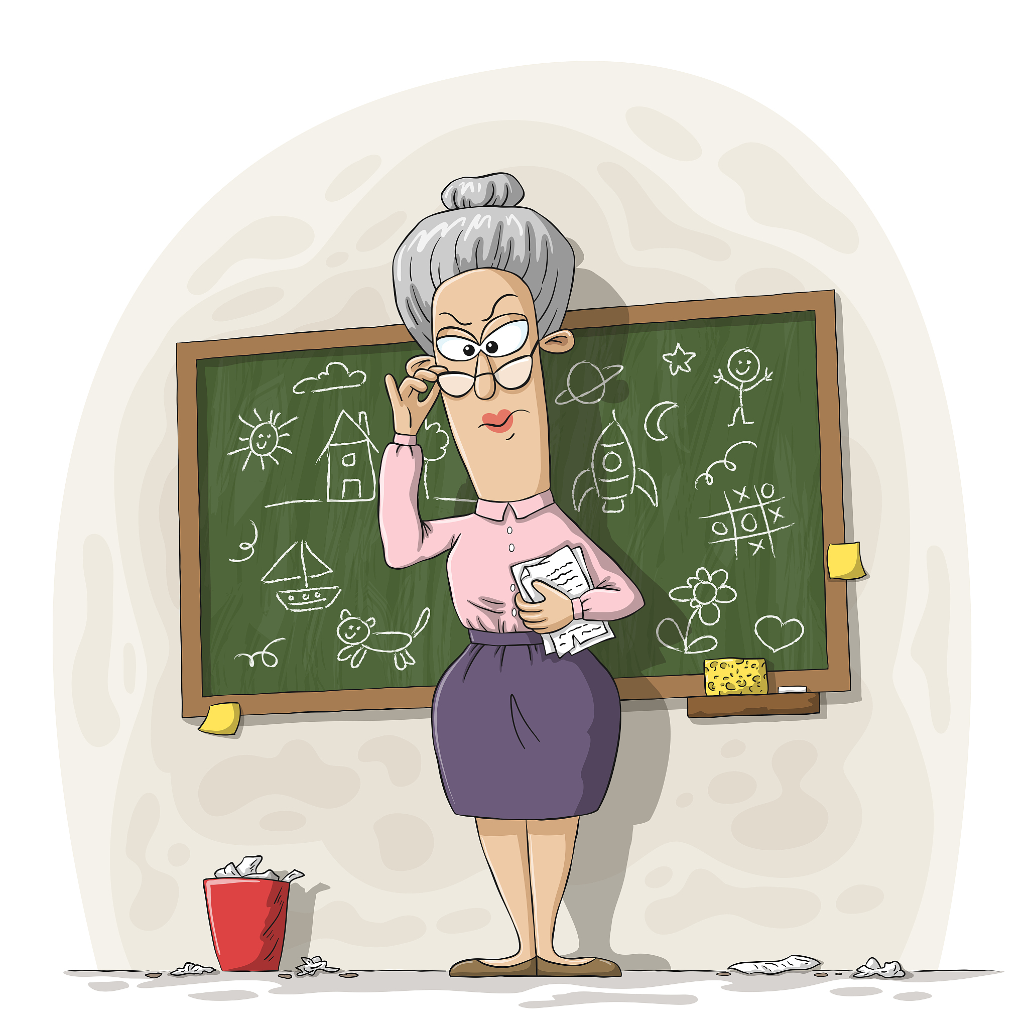 strict teacher in front of a blackboard