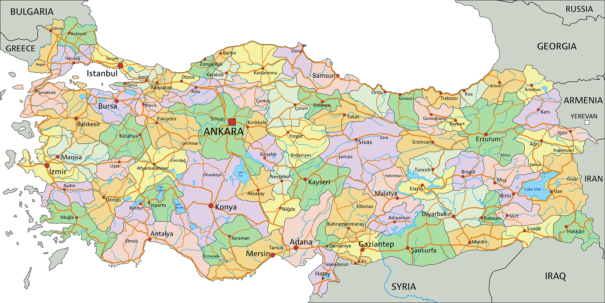 turkey - highly detailed editable political map with labeling.