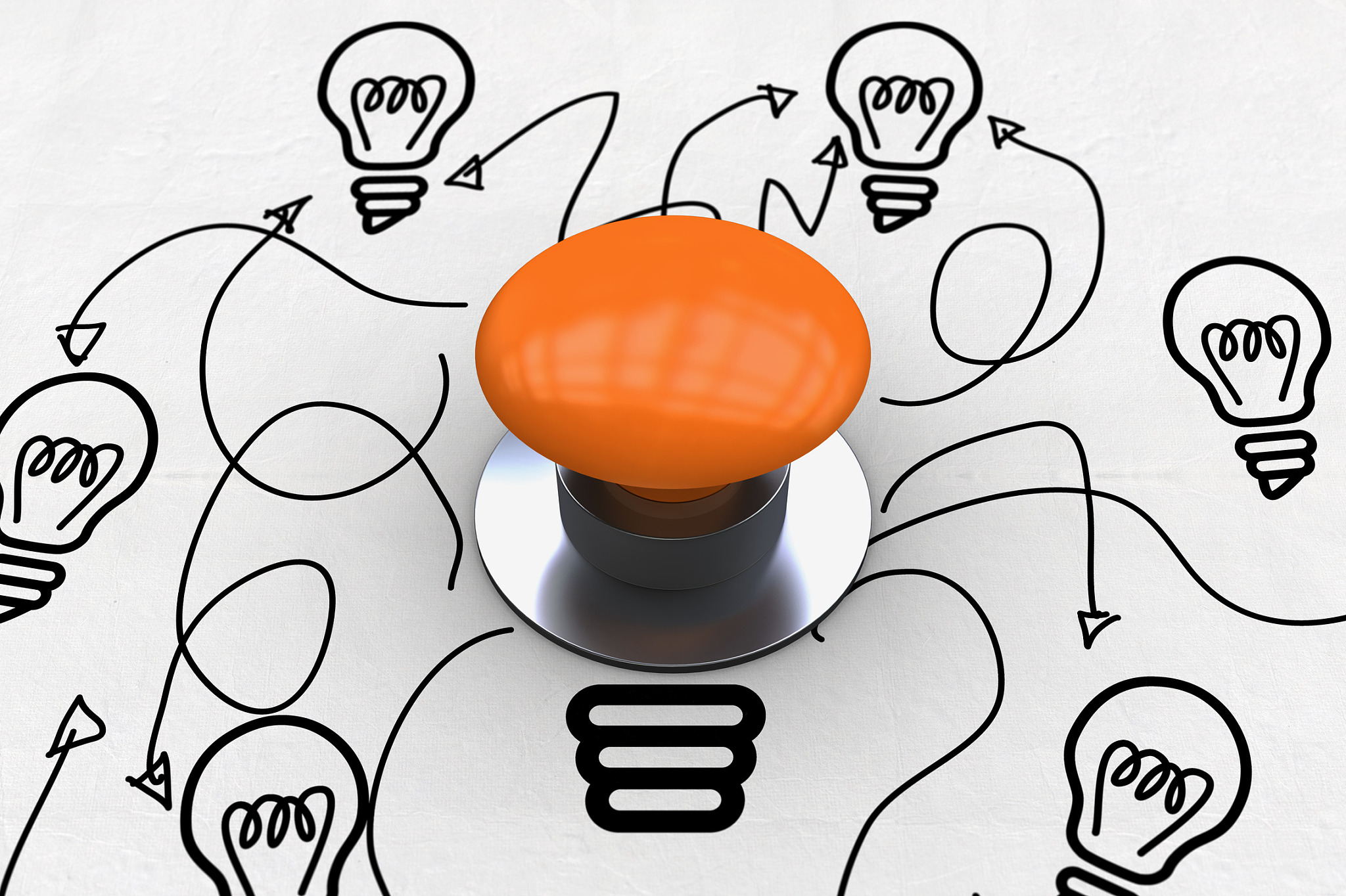 the word start and orange push button against idea and innovatio