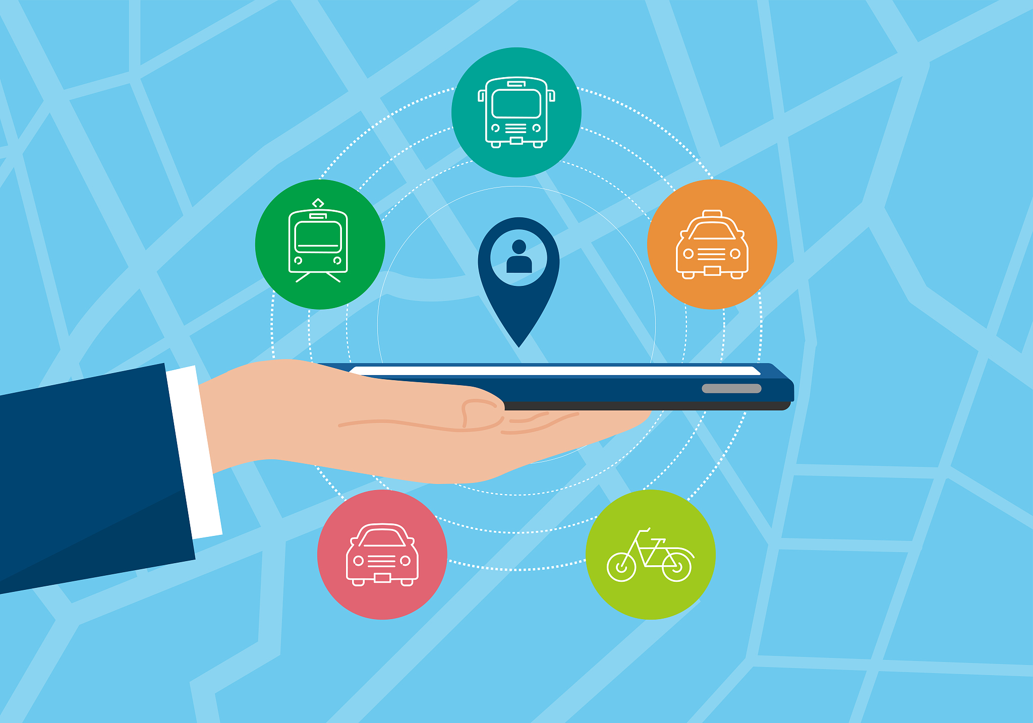 mobility as a service image,hand holding smartphone,vector illus