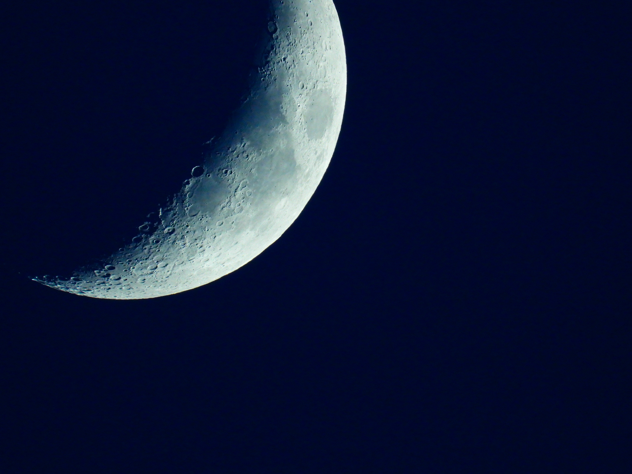 a rising quarter moon in the dark blue evening sky