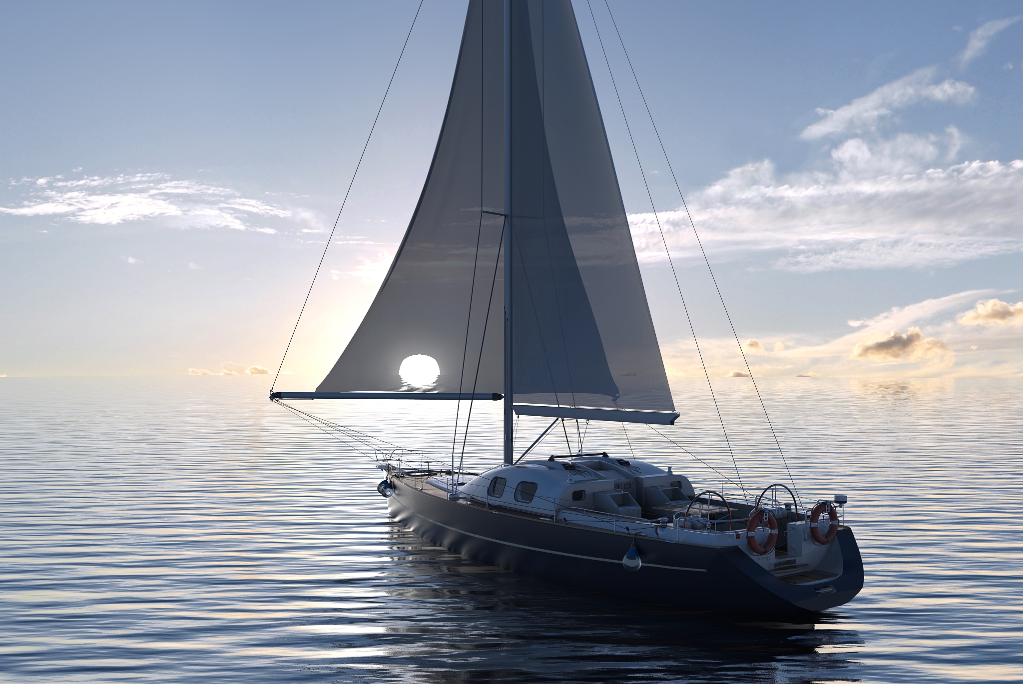 sailing on sea and sunset 3d illustration