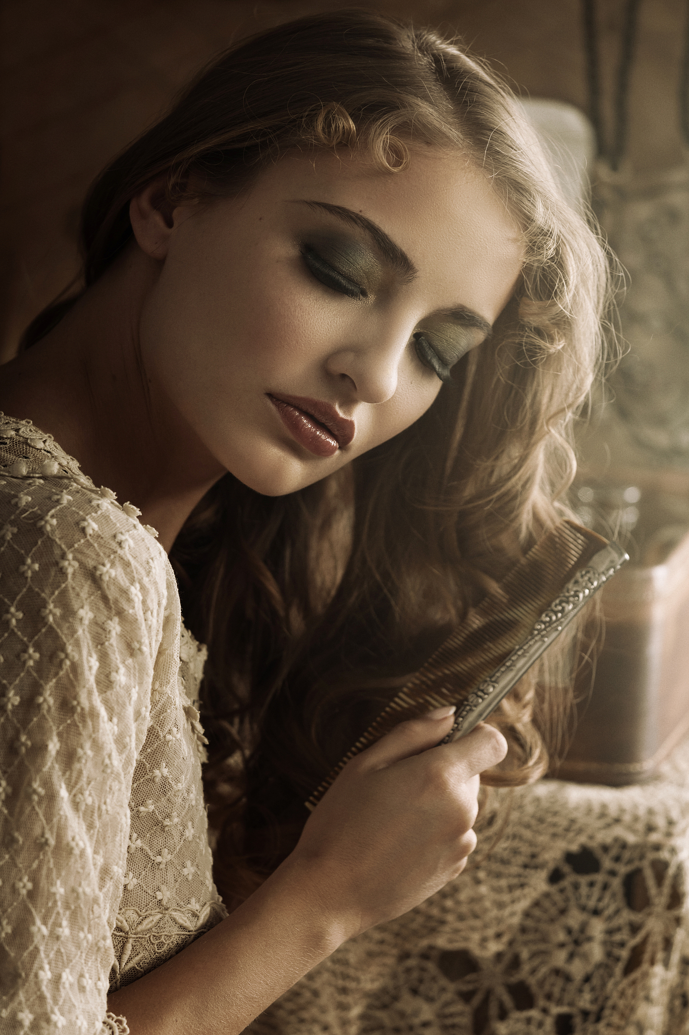 victorian beauty combing her hair