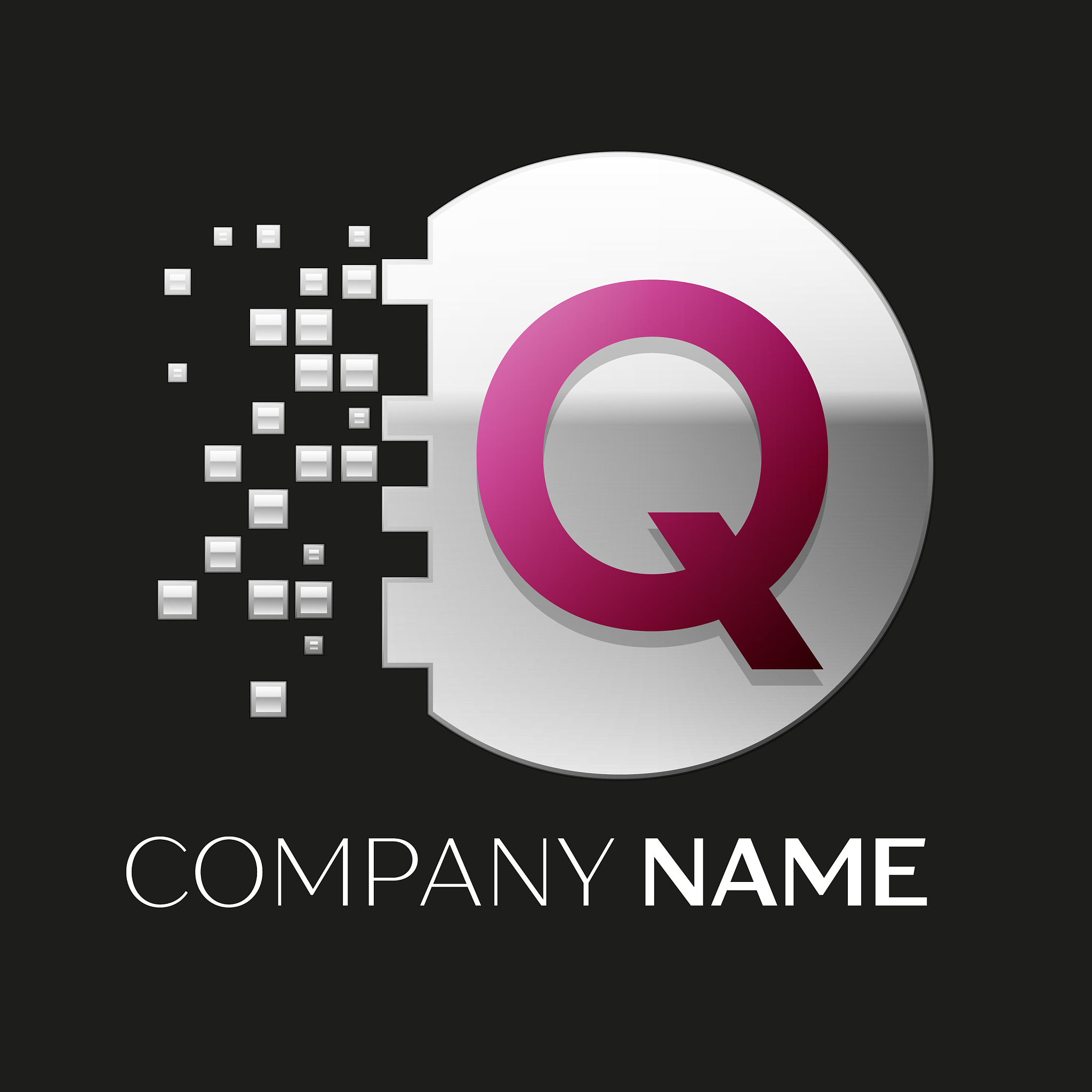 pink letter q logo symbol in silver pixel circle
