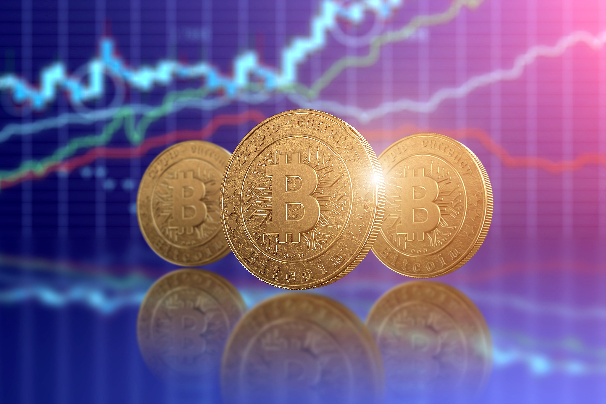 gold coin bitcoin on a background of business charts, blue backg
