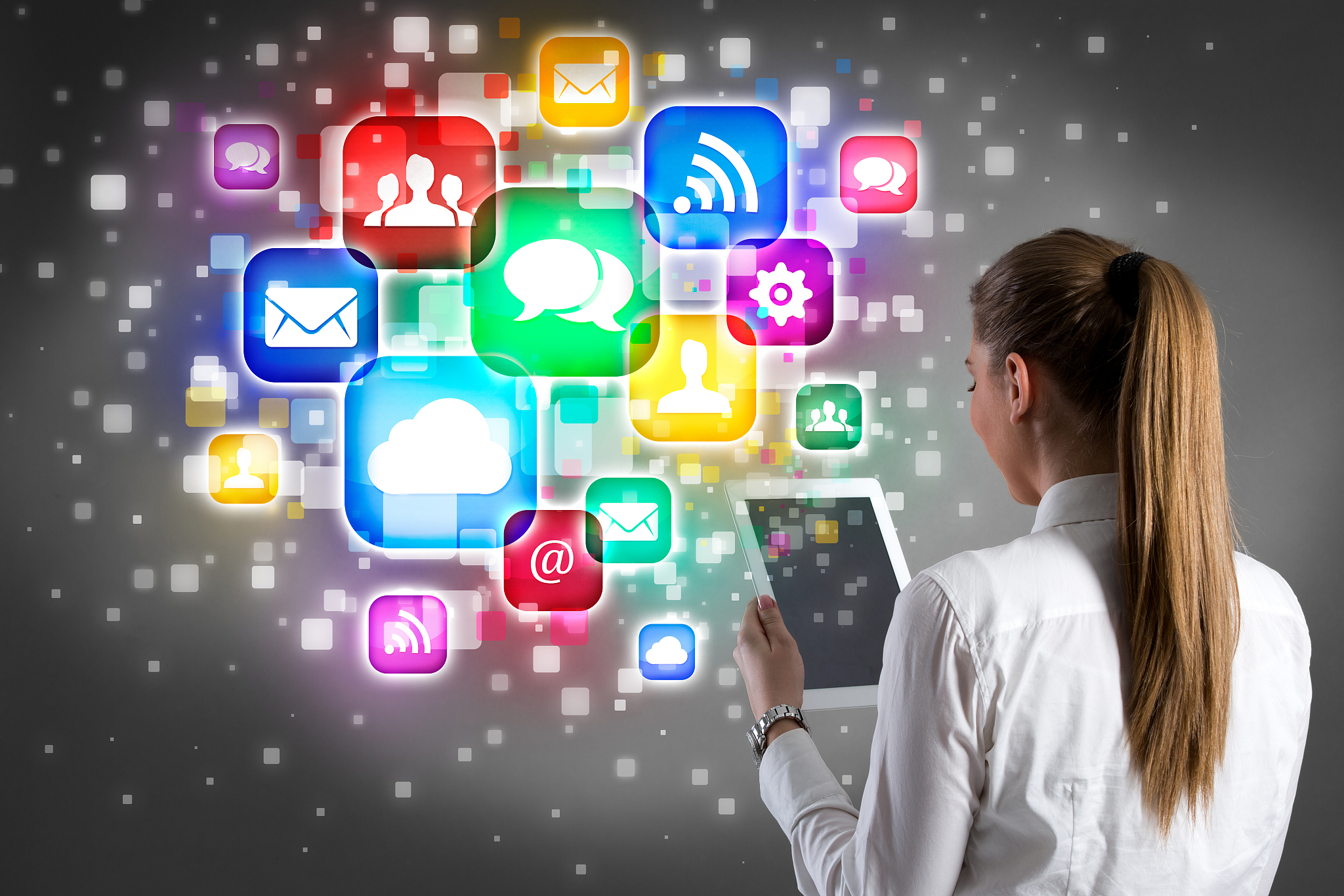 businesswoman holding tablet and internet icon design