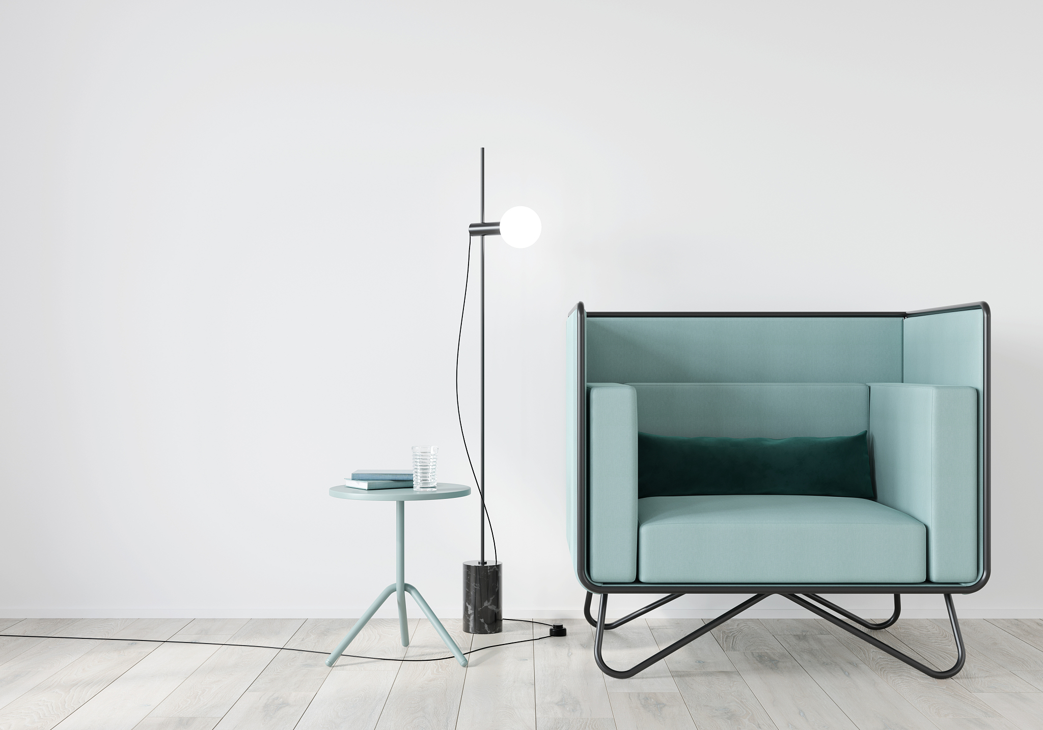 interior with soft chair mint color and table