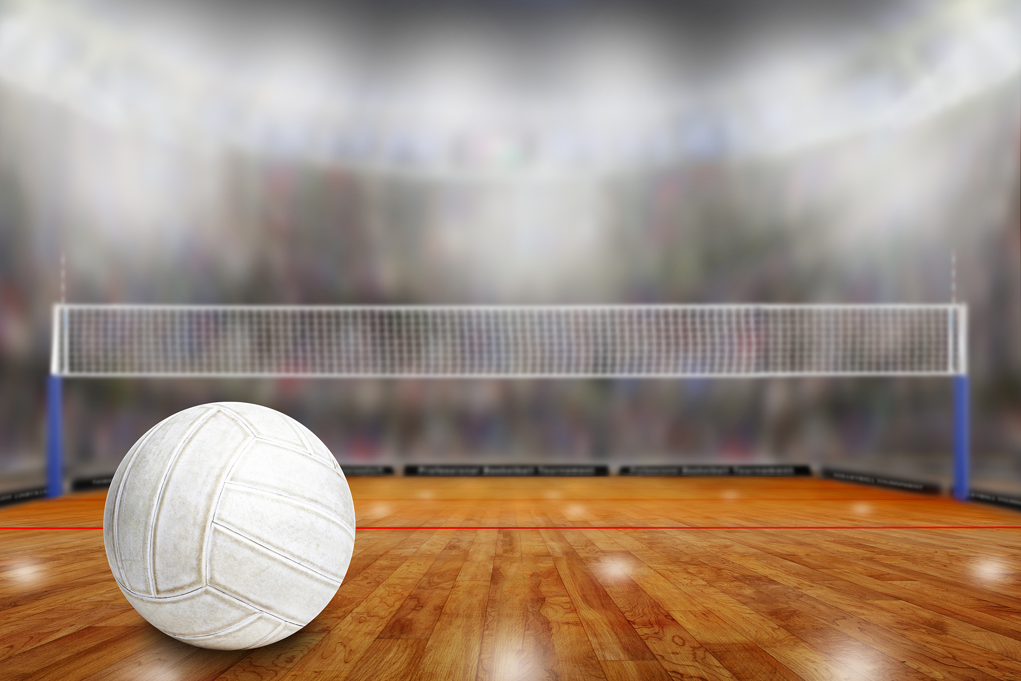 volleyball arena with ball on court and copy space