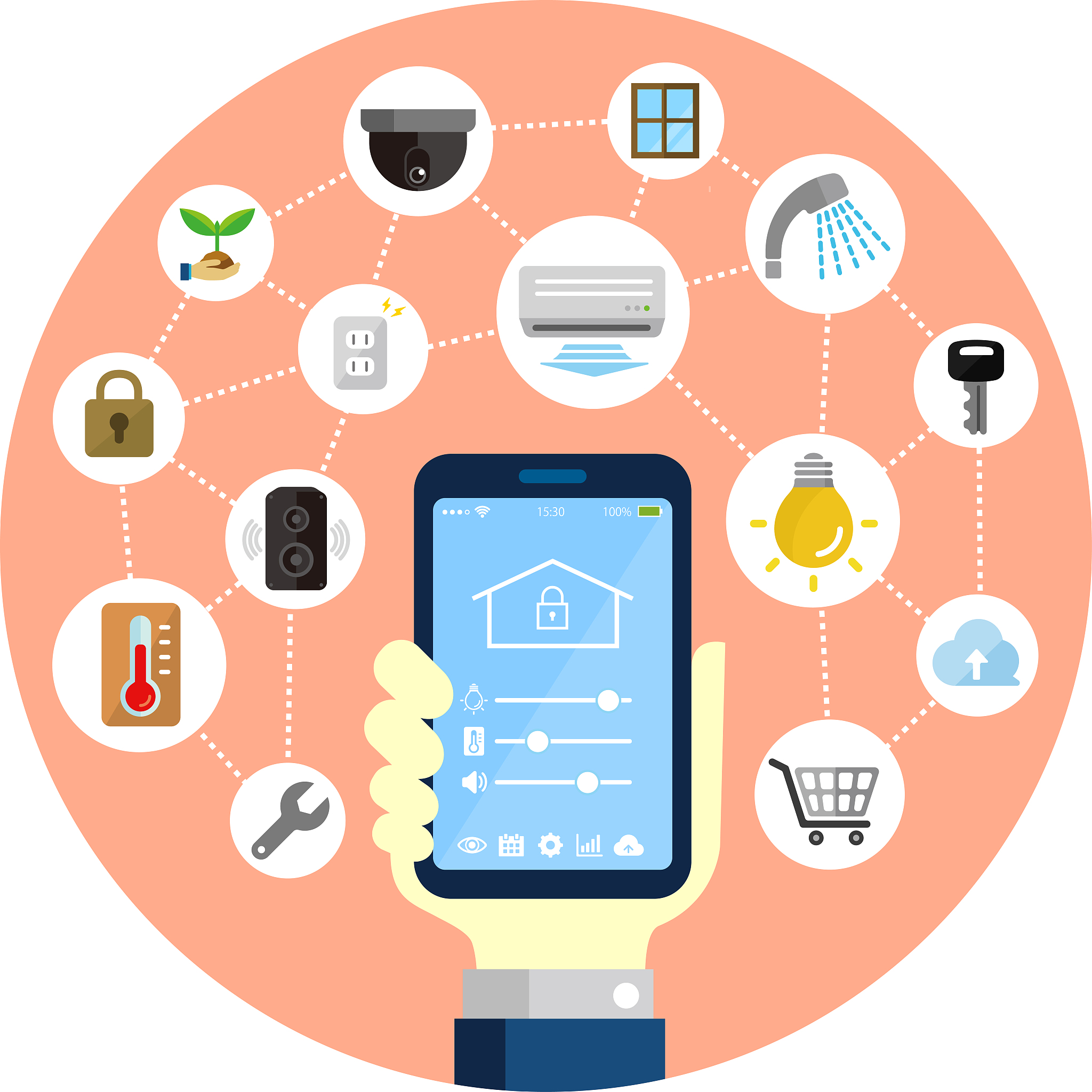 smartphone app to control smart home (smart house) . flat illust