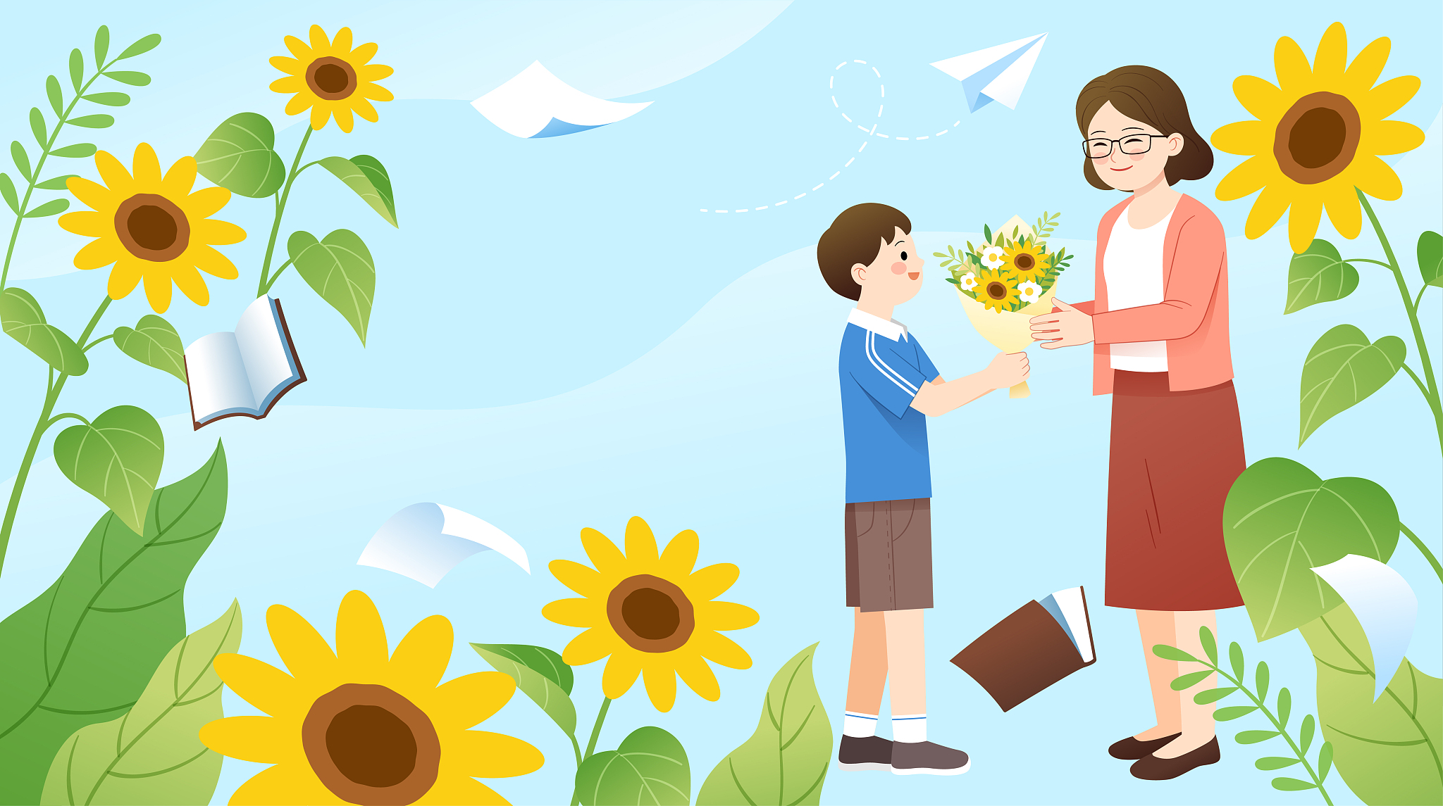 一名学生给老师献花和向日葵背景横版