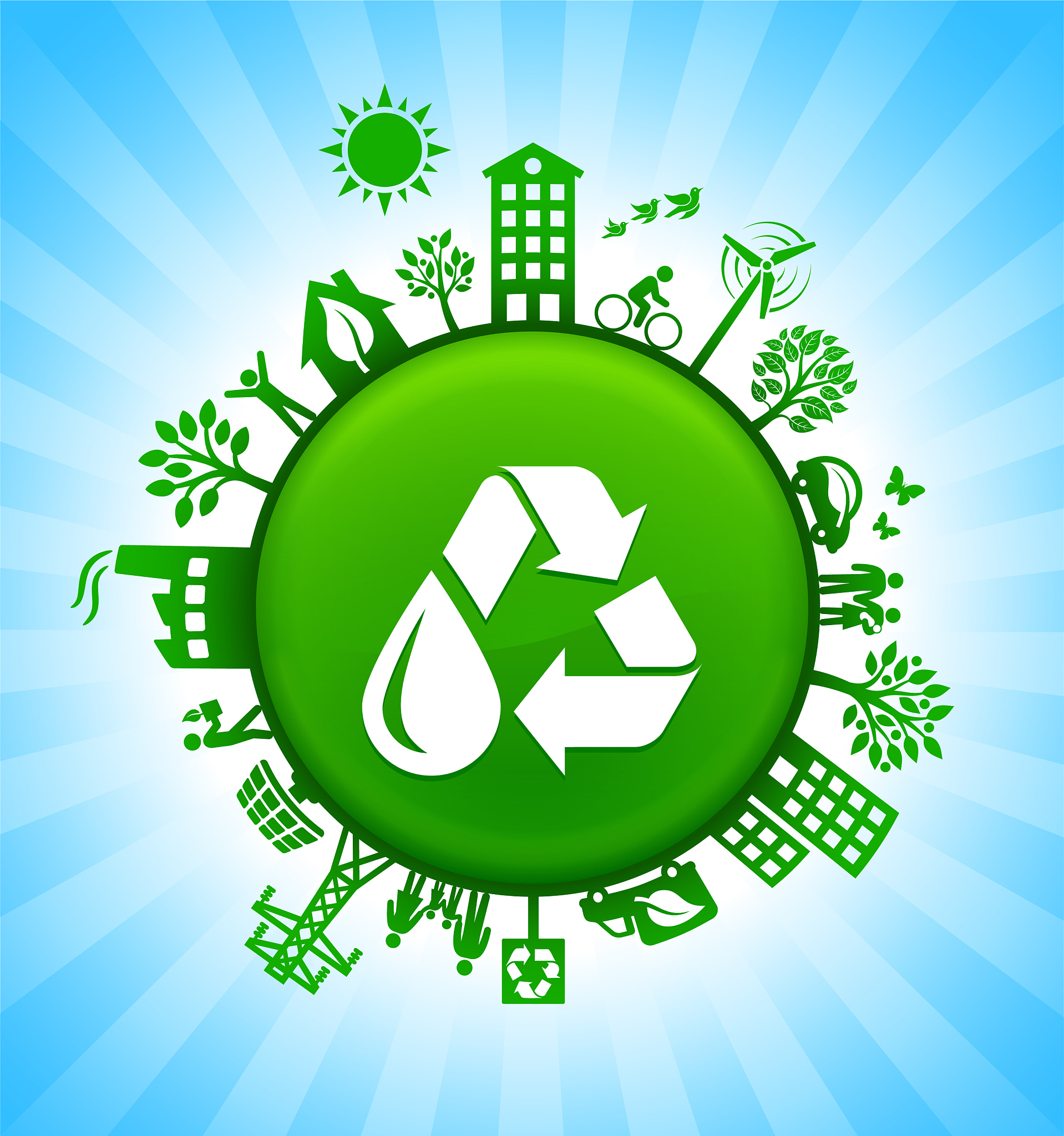 recycle water environment green button background on blue sky
