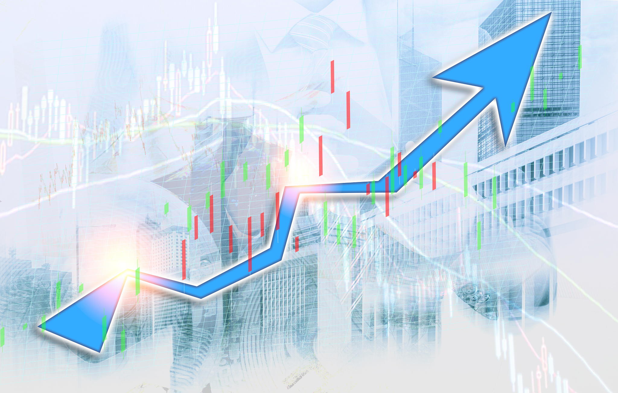 businessman and hong kong city view with blue bull chart on back