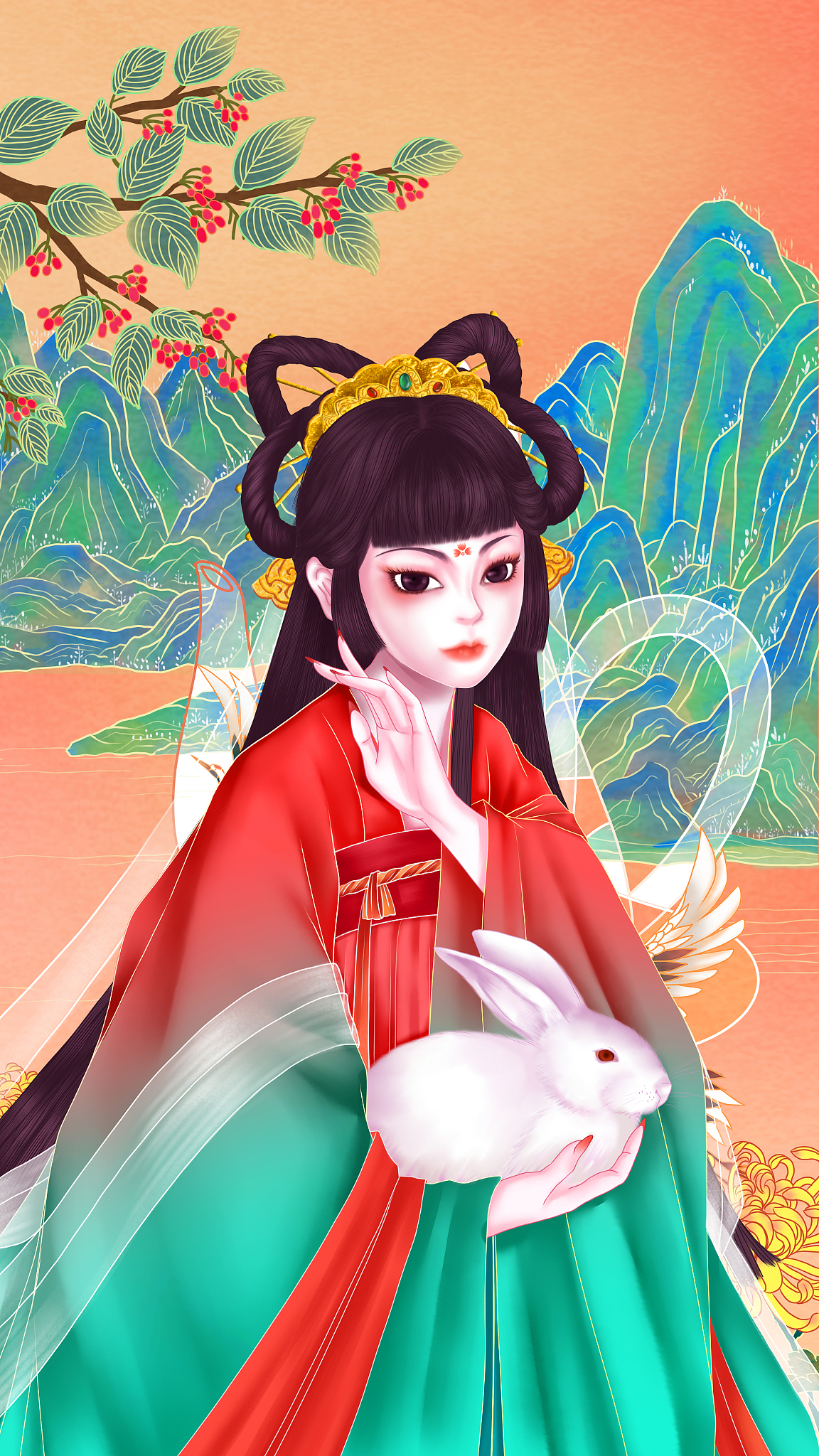 请设计一个古装女主角人设详细描述外貌包括五官形状大小排布衣着打扮饰品妆容颜色特色。另外请概括一下她的身份背景和性格特点。