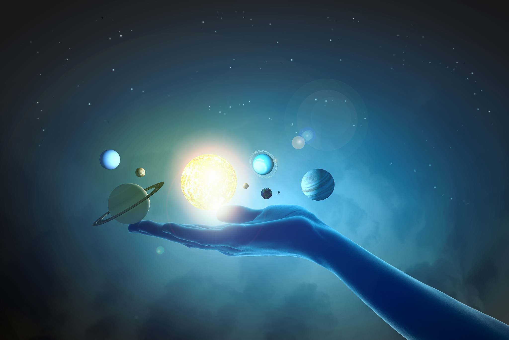 close up of planet sun system in your hand. sun system
