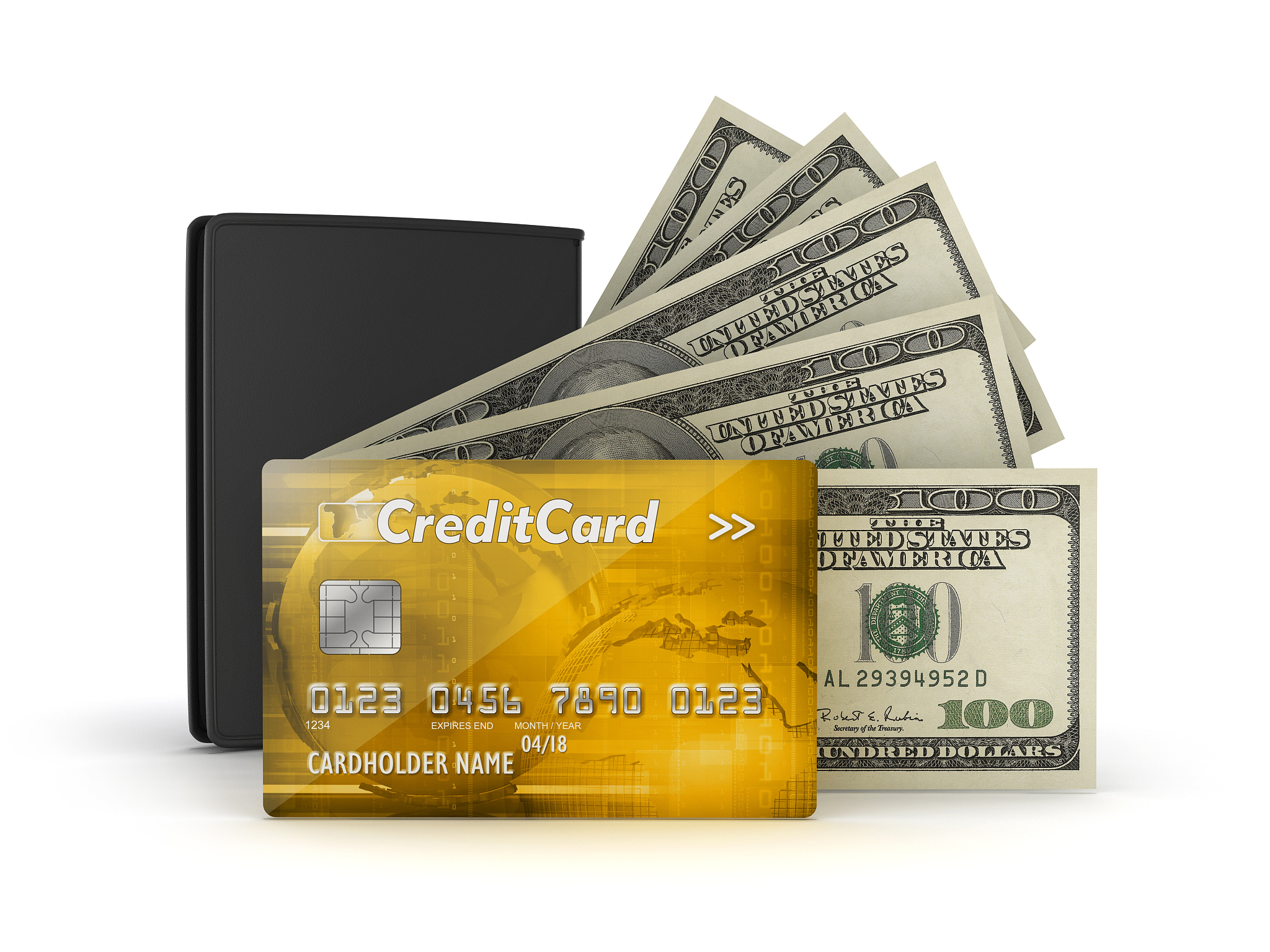 bank notes, credit or debit card and leather wallet