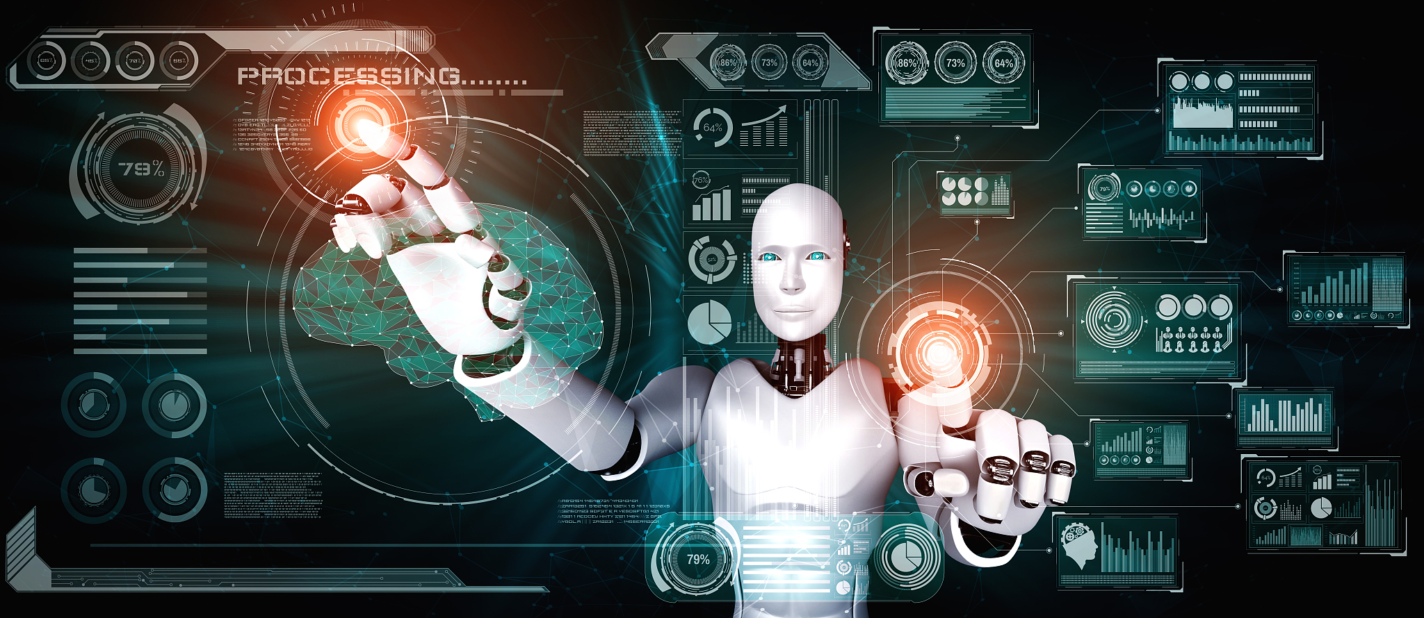 ai humanoid robot touching virtual hologram screen showing conce