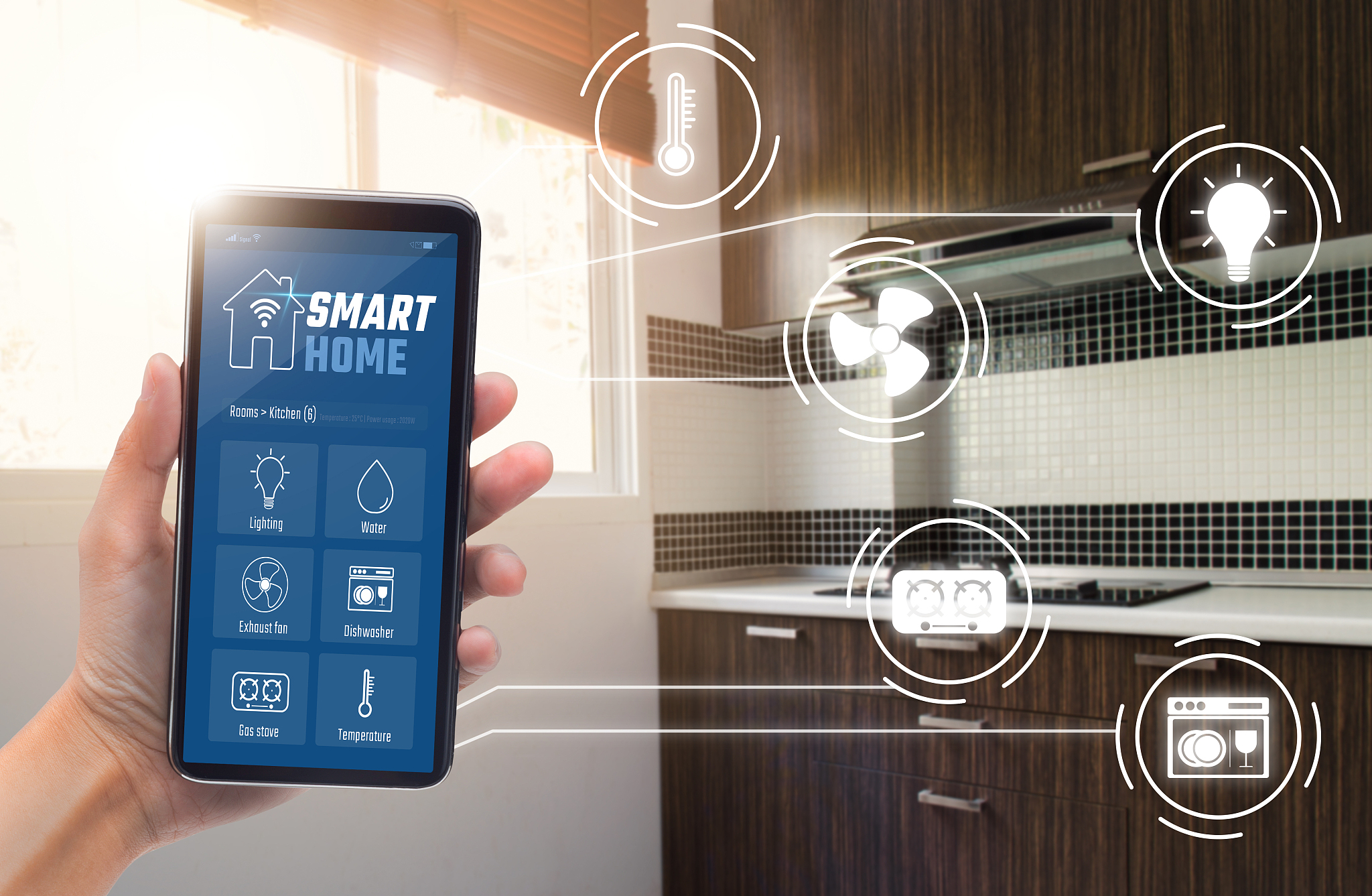 smart home technology concept, woman hand using application on s