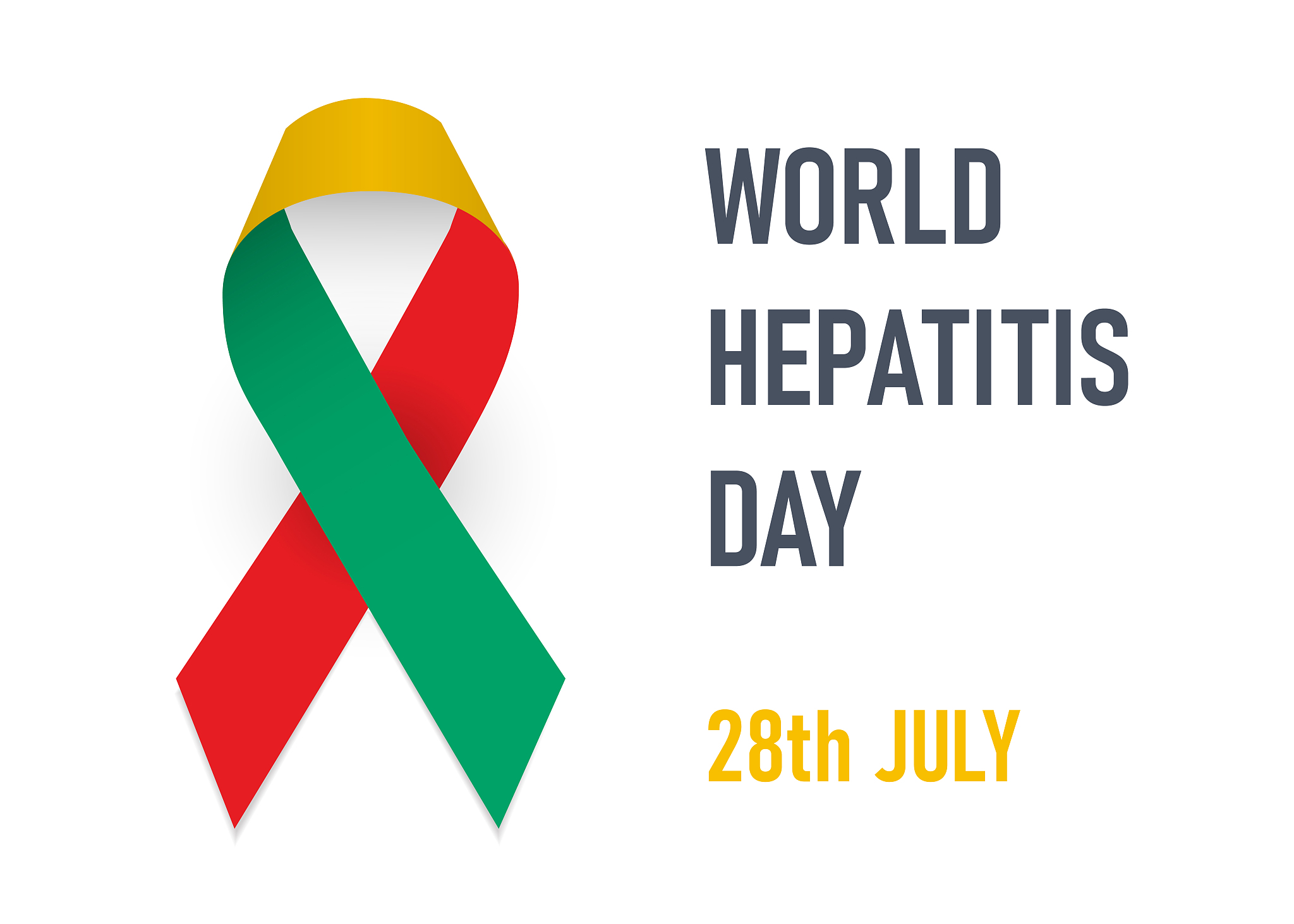 world hepatitis day. red, yellow and jade green ribbon as symbol