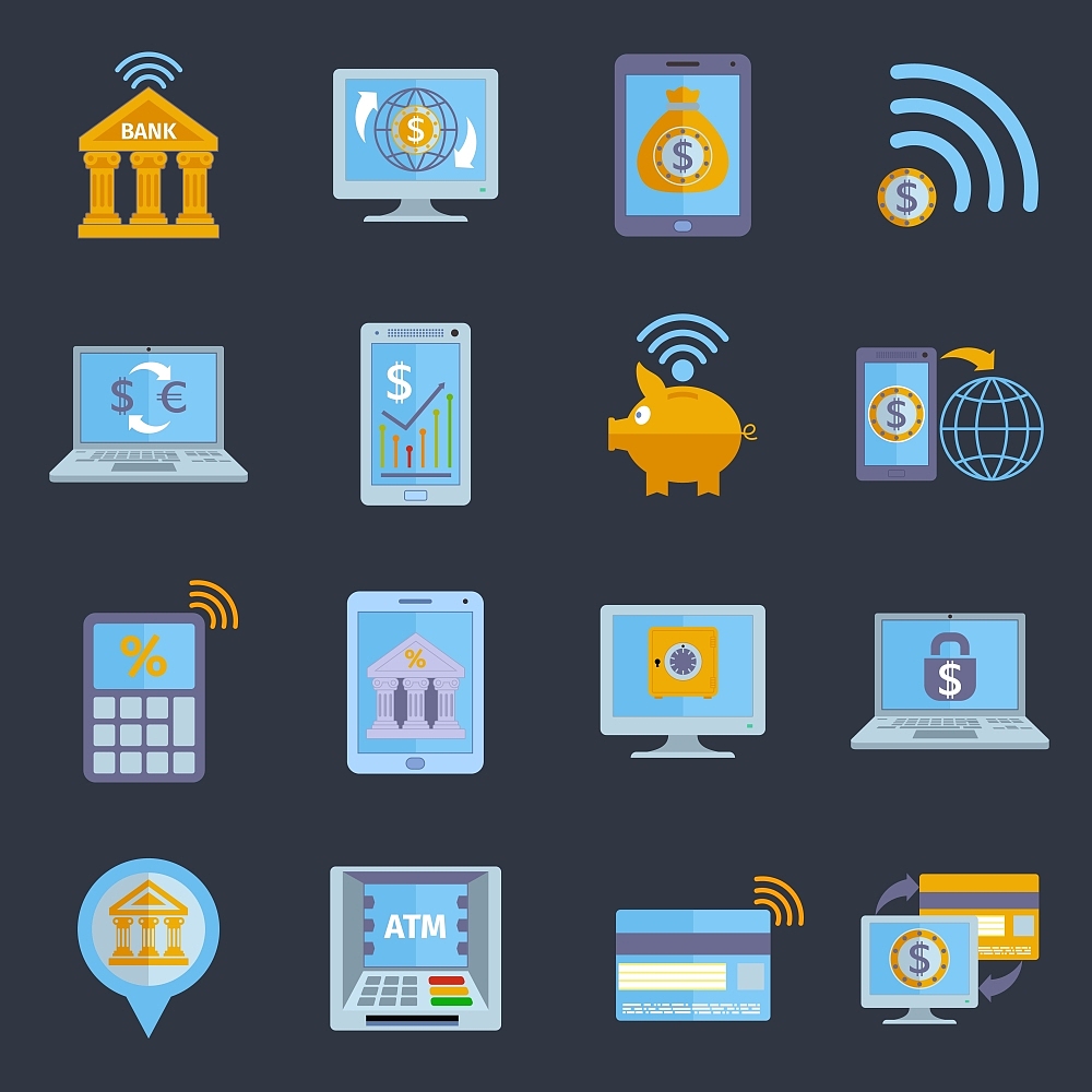 mobile banking icons set with electronic devices and finance ser