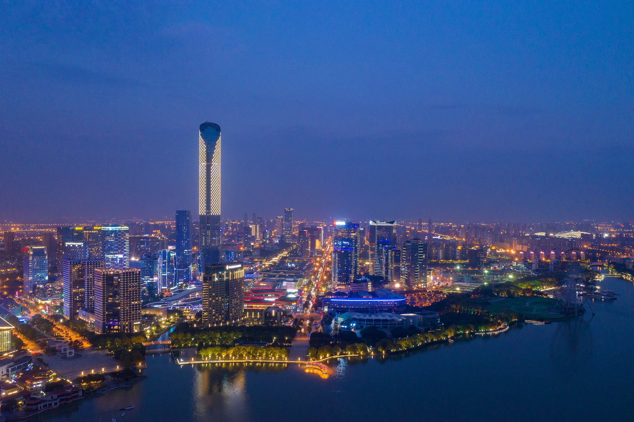 航拍苏州金鸡湖湖东现代城市风光