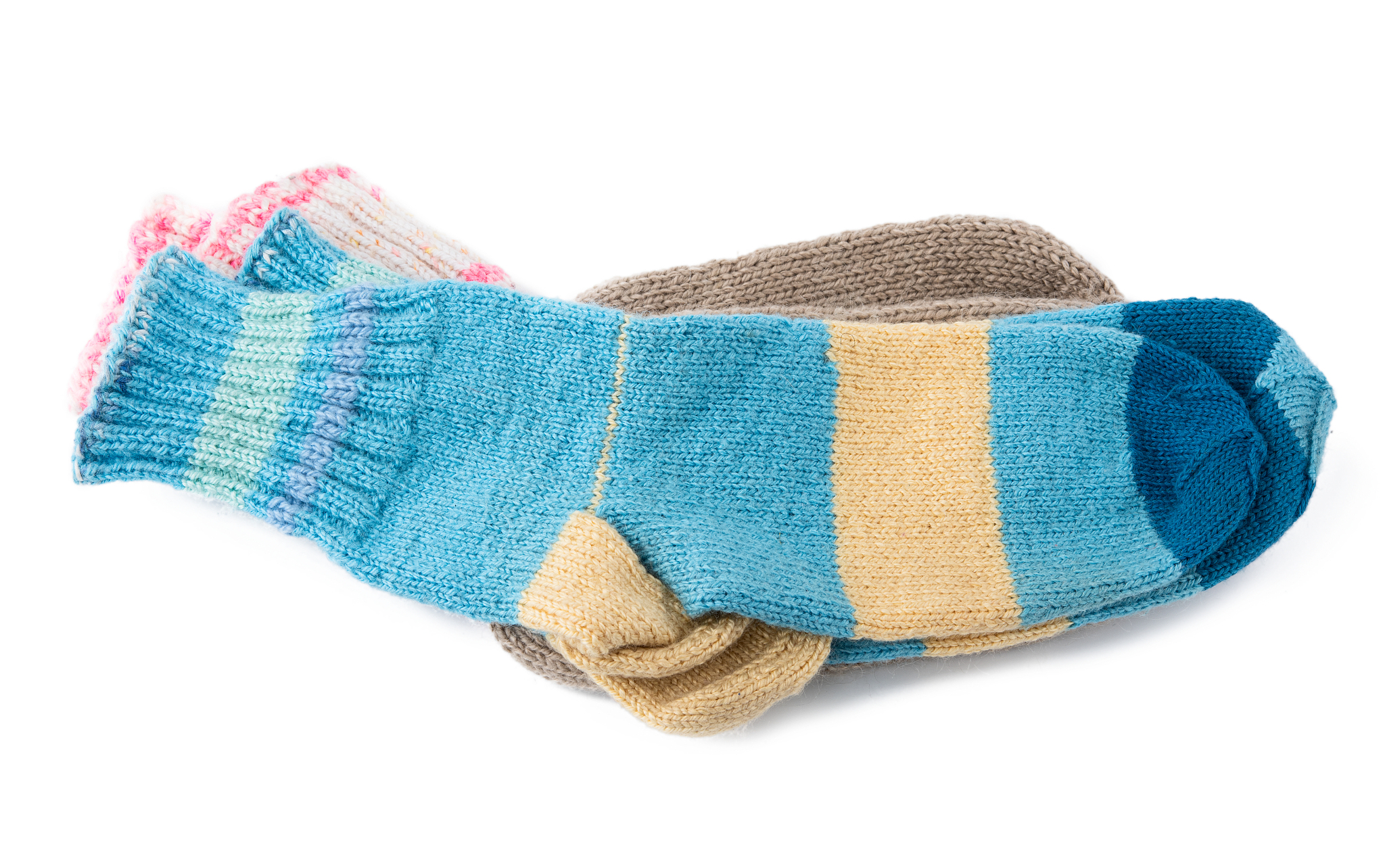 pair of striped handmade knitted warm socks made of sheep's wool