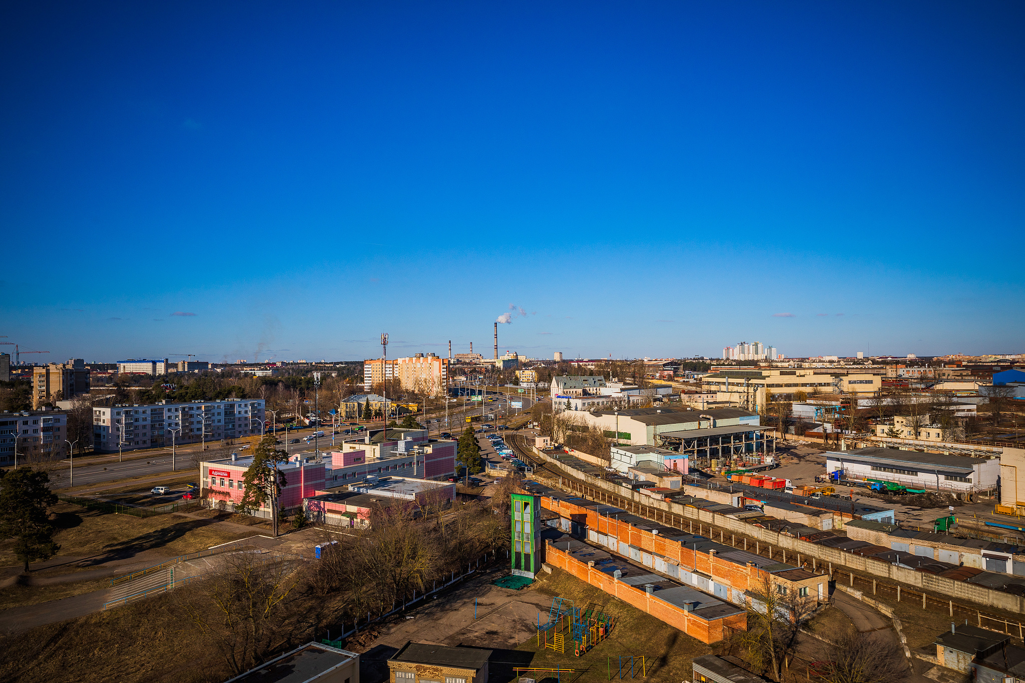 spring view of the city from a height sunny clear weather