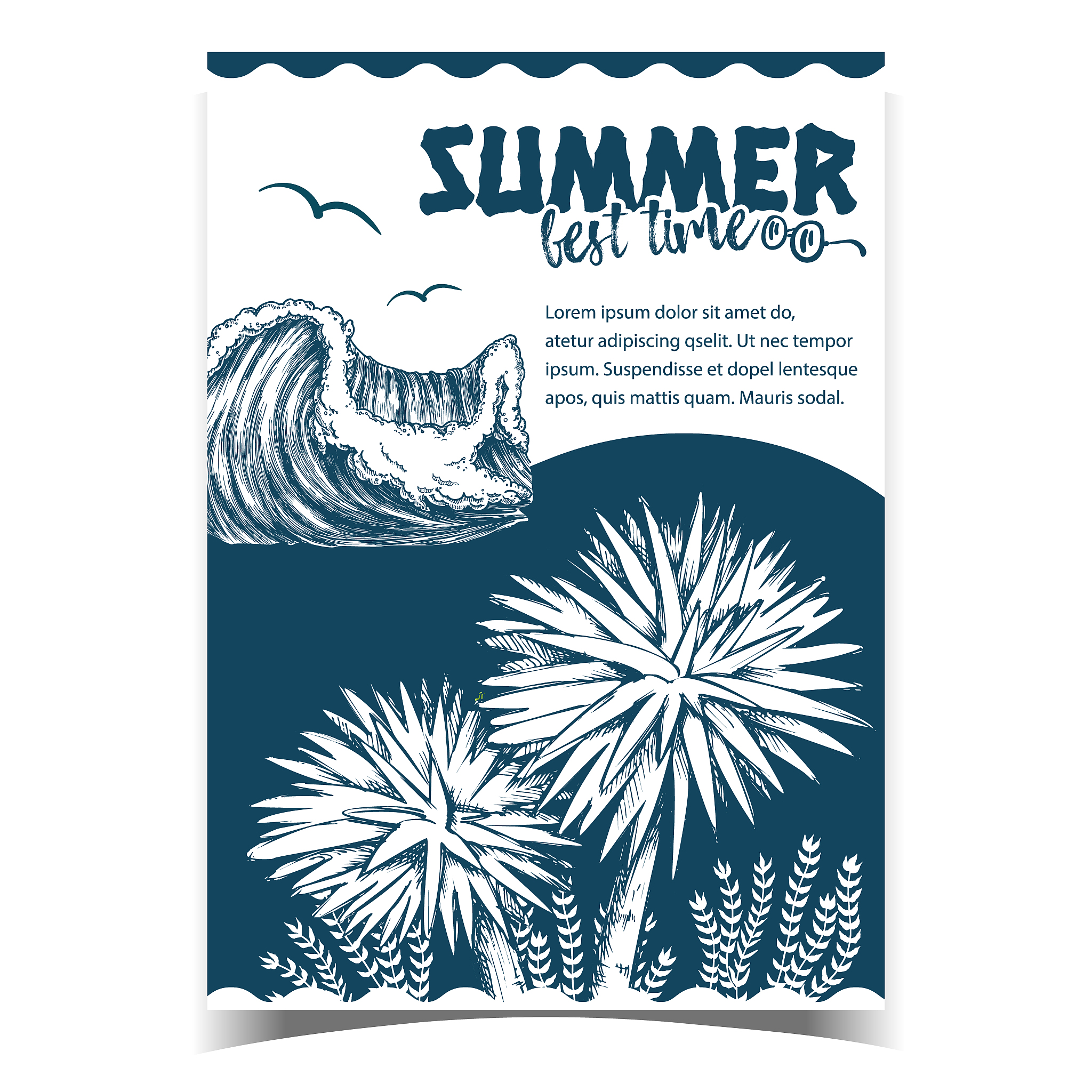 ocean wave, algae seaweed and trees banner vector