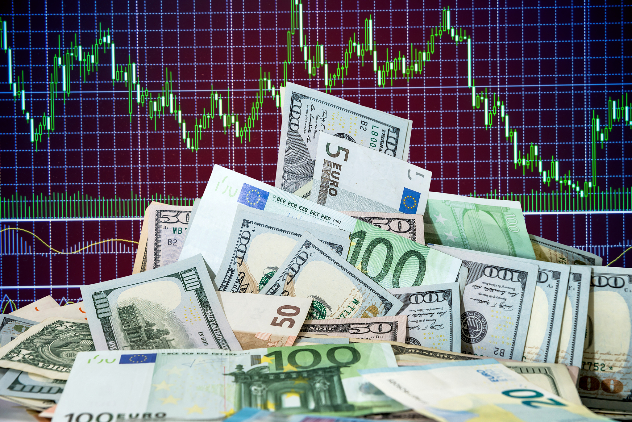 dollar and euro on chart on screen