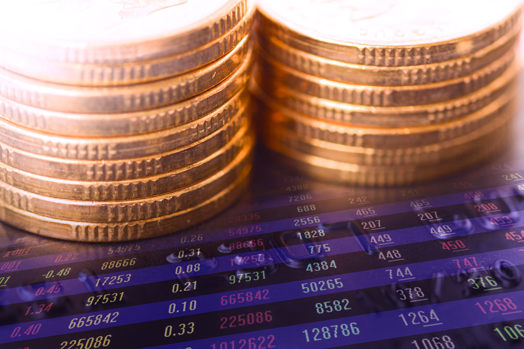 gold coins, credit cards, bank cards, debit cards, stocks, curve