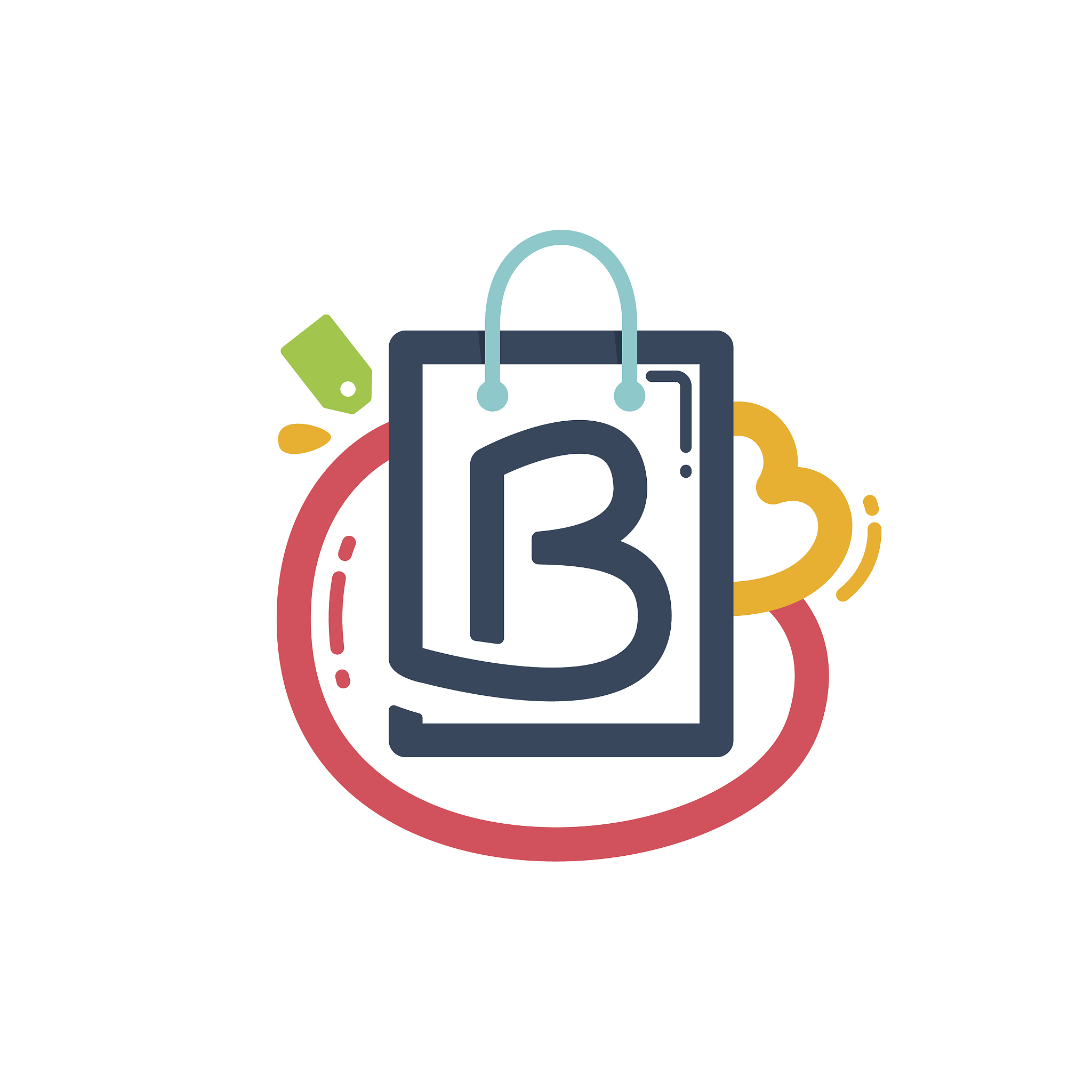 b letter with shopping bag and tag icon.