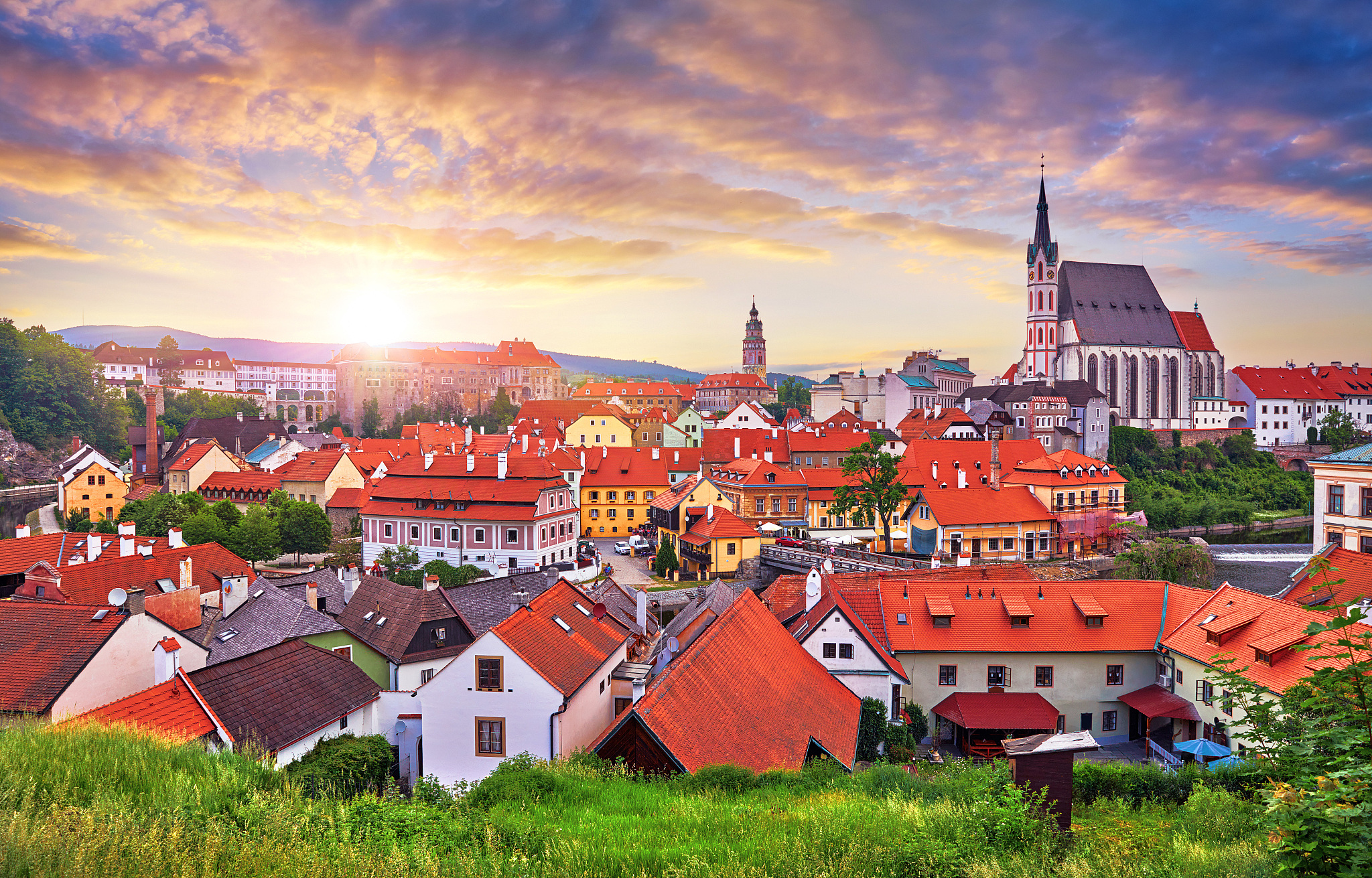 czech krumlov, republic. scenic panorama of old town