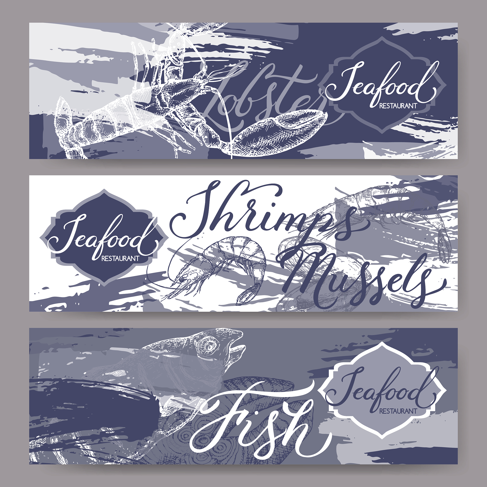 three banners with fish, shrimps, lobster, oysters vintage sketc