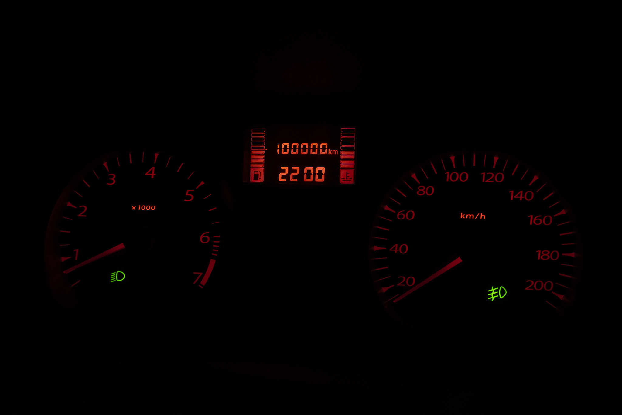 black automobile dashboard with orange lights of odometer and gr