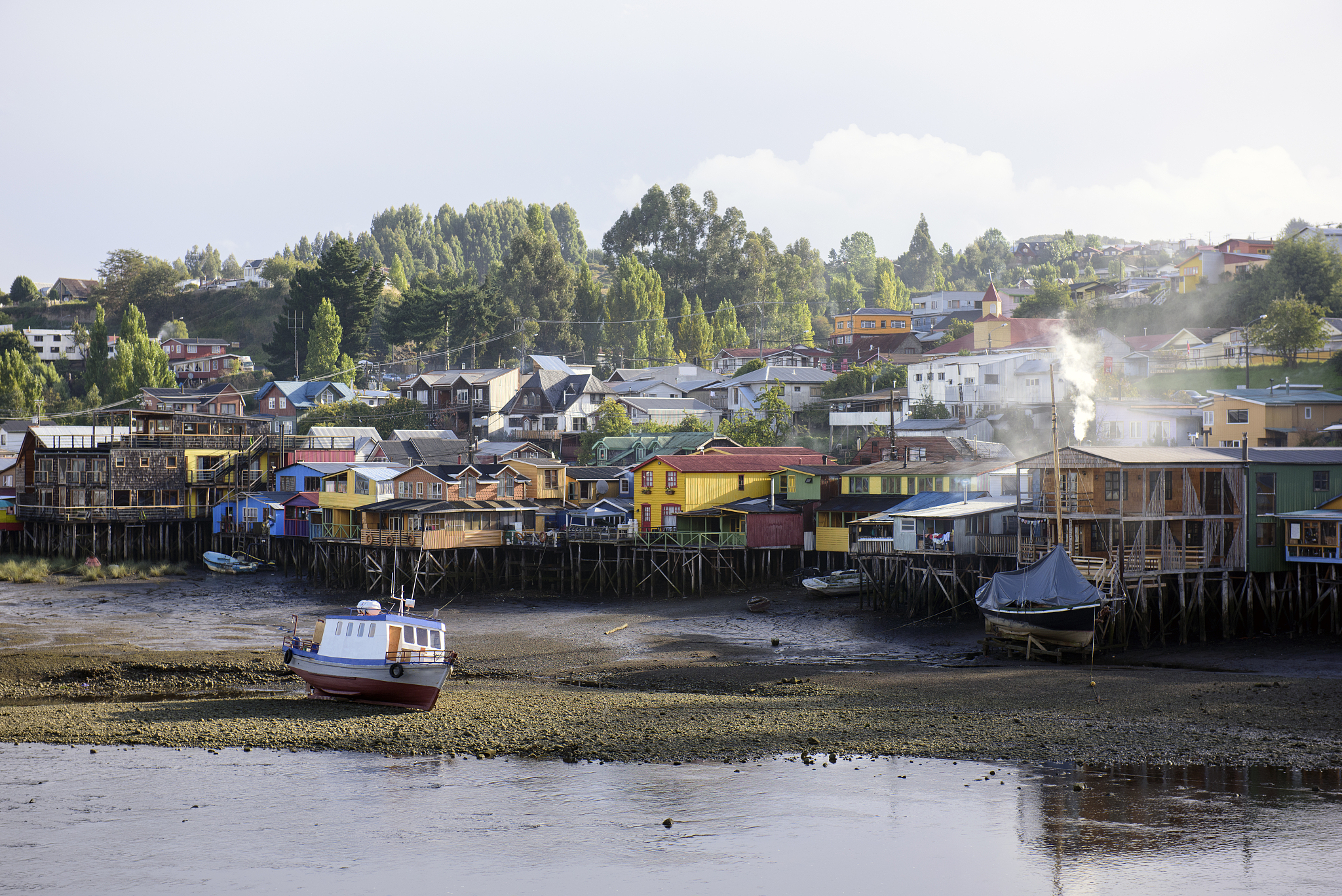 colourful palafitos in castro, chiloé island, chile