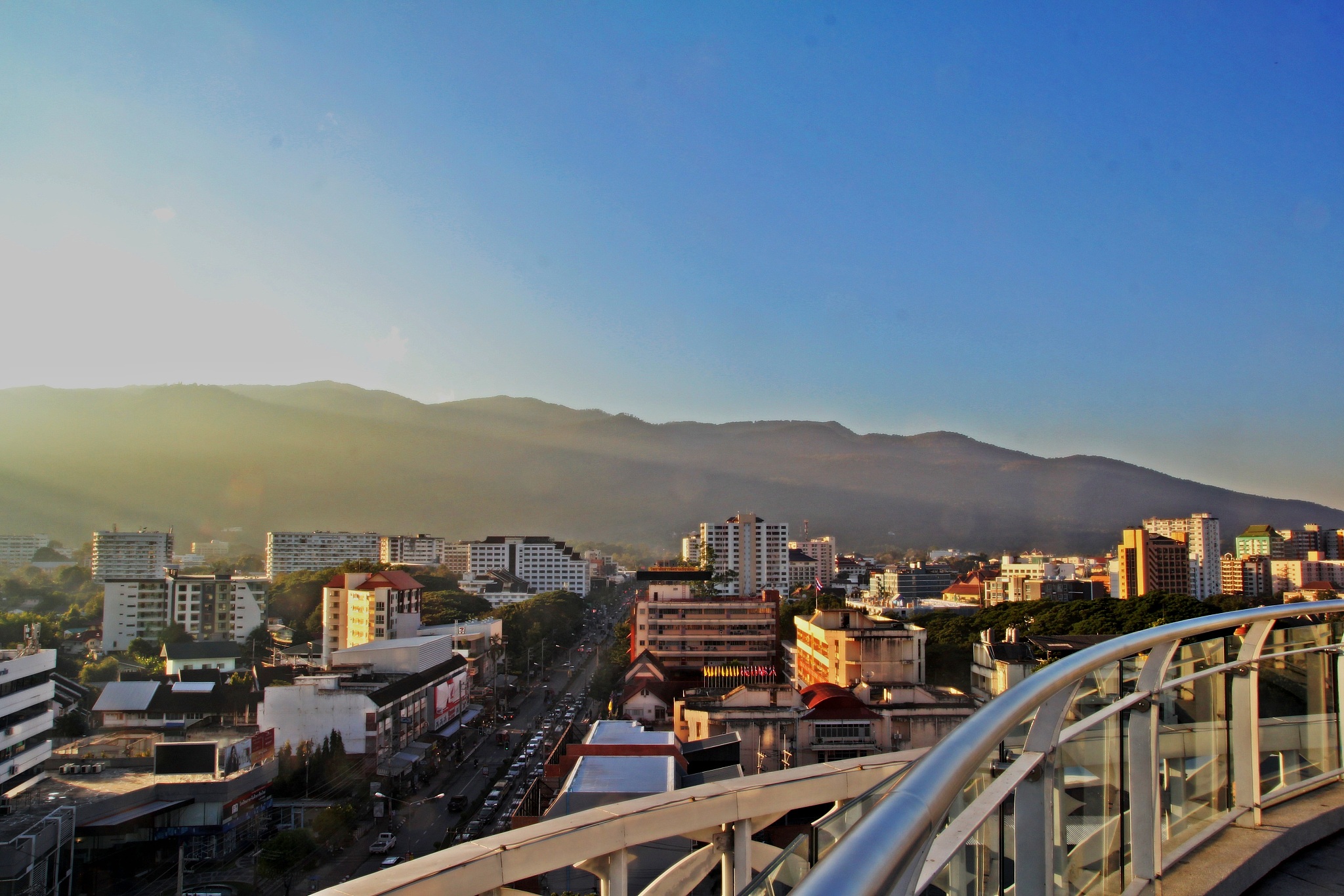 high angle view of buildings in city against clear sky
