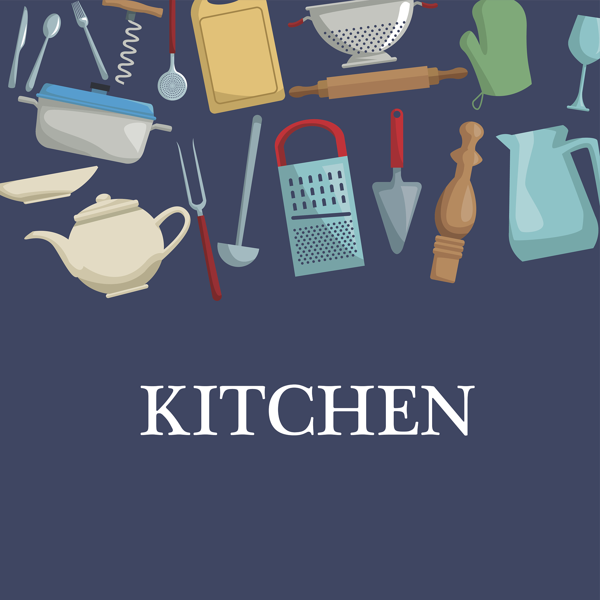 color background with different utensil of kitchen calligraphy