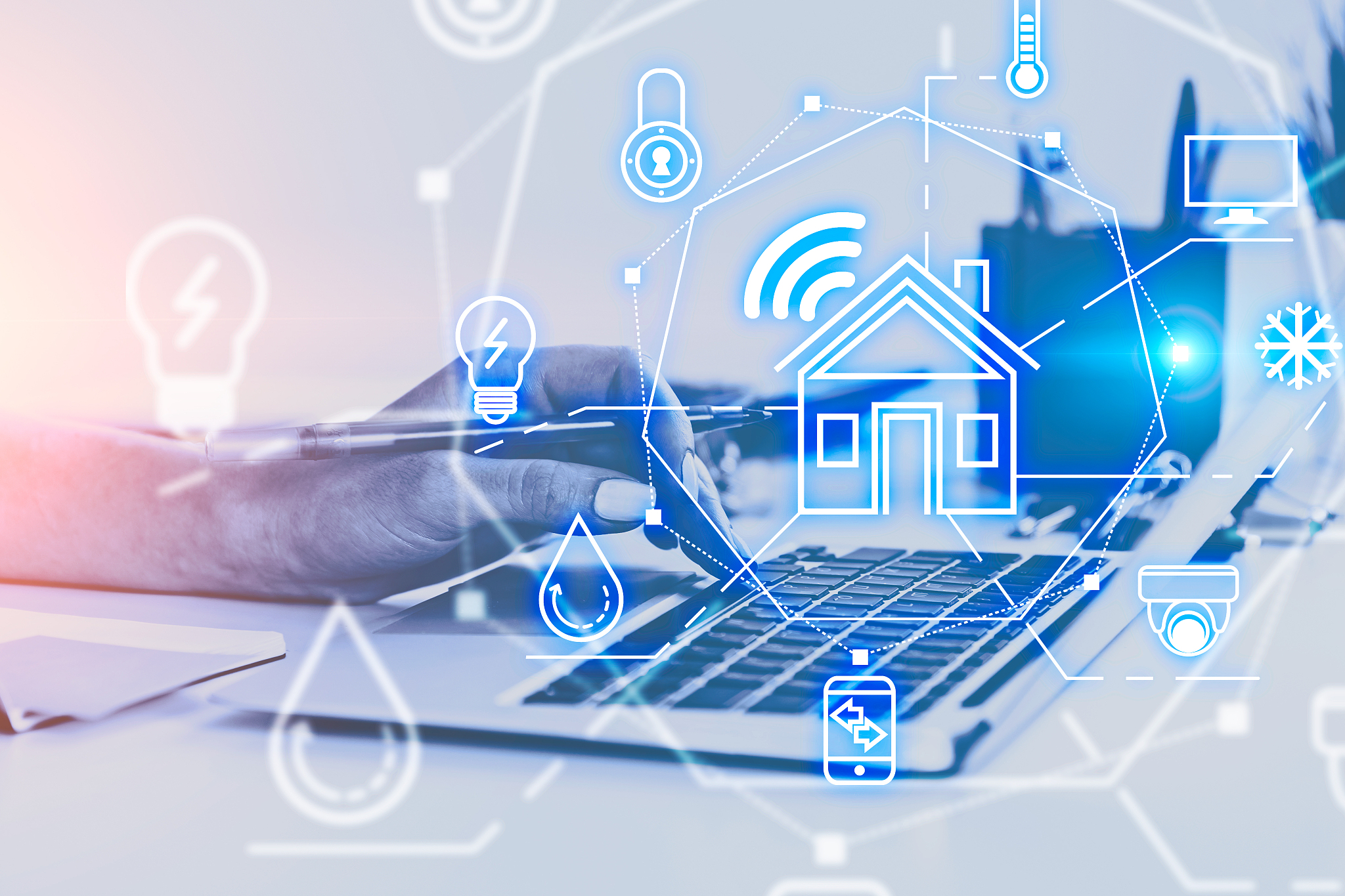 woman hand on laptop, smart home interface