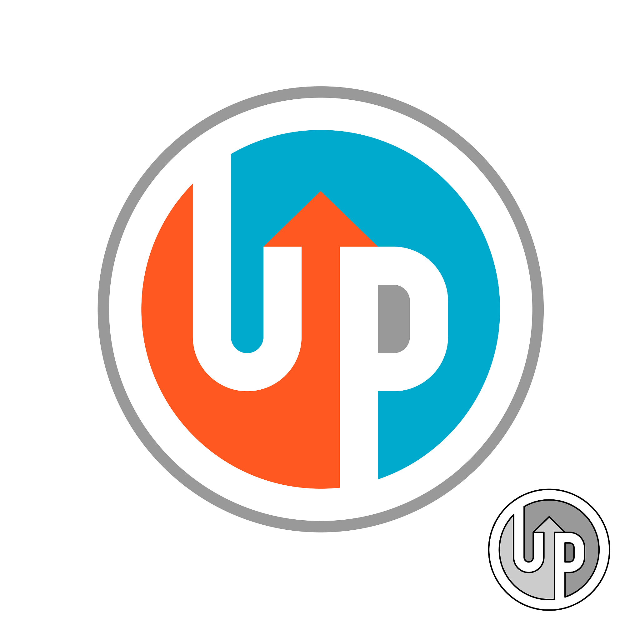 up word with arrow. round symbol with negative space. letters u 