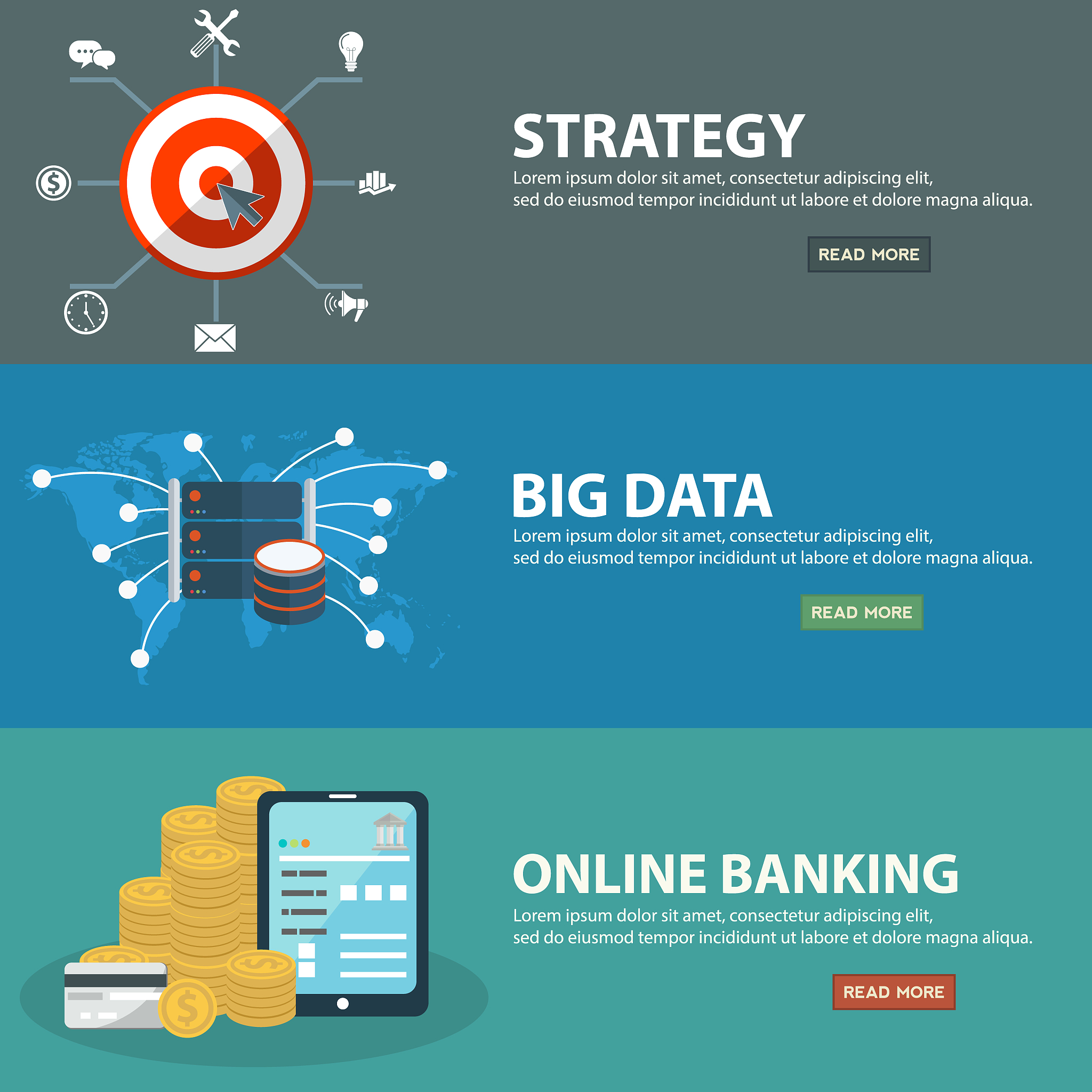 online e banking, strategy and big data banners in flat style