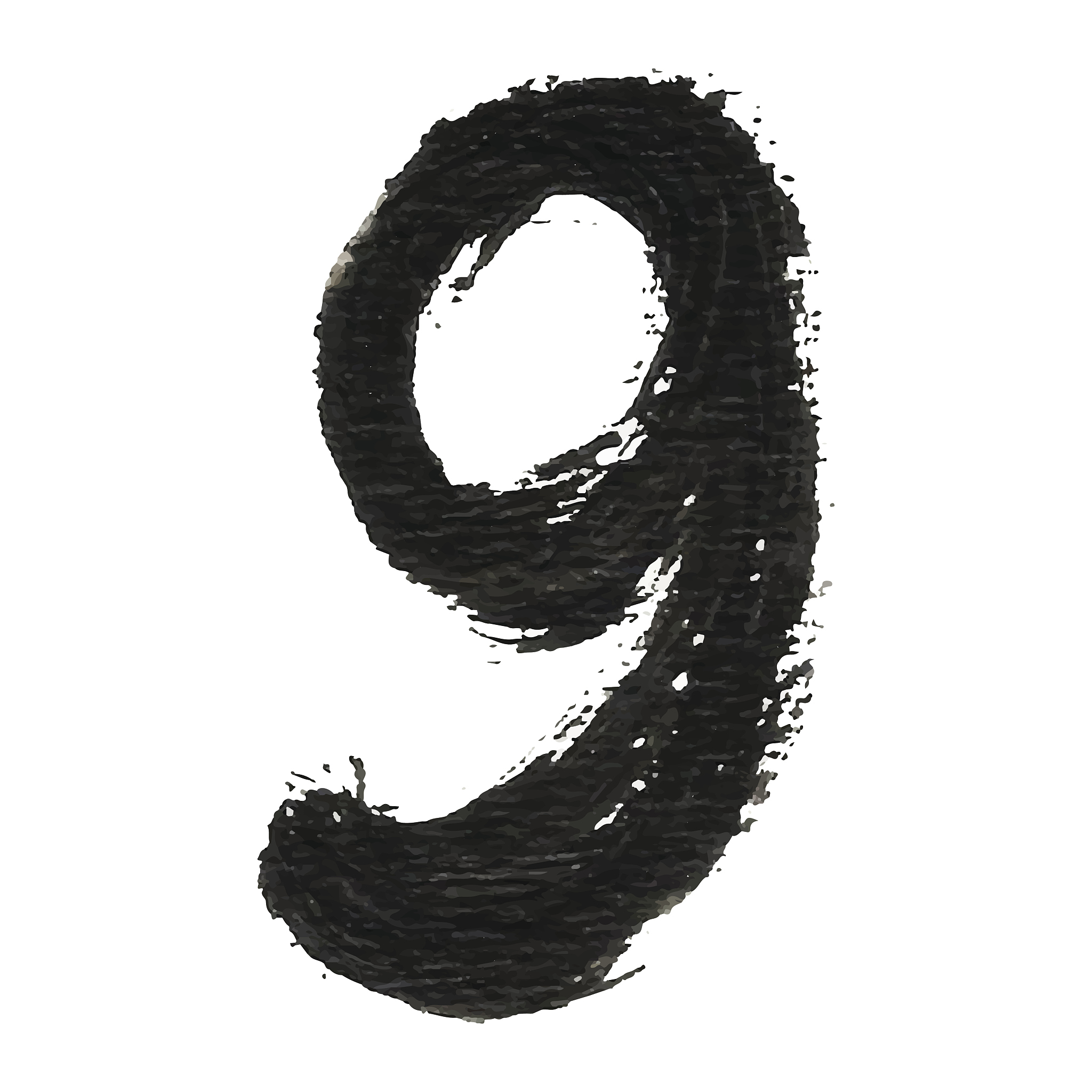 9 - black handwritten number on white background. acrylic colors