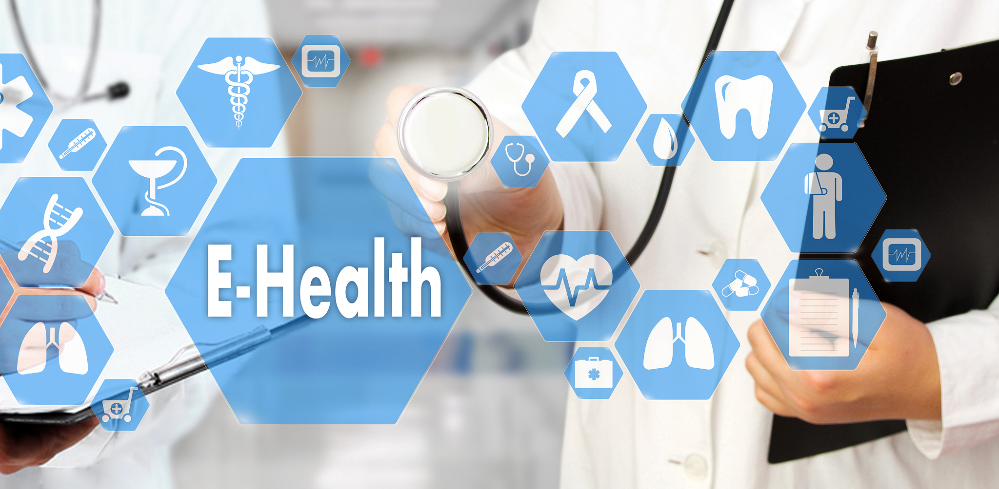 medical doctor with stethoscope and e-health word in medical net