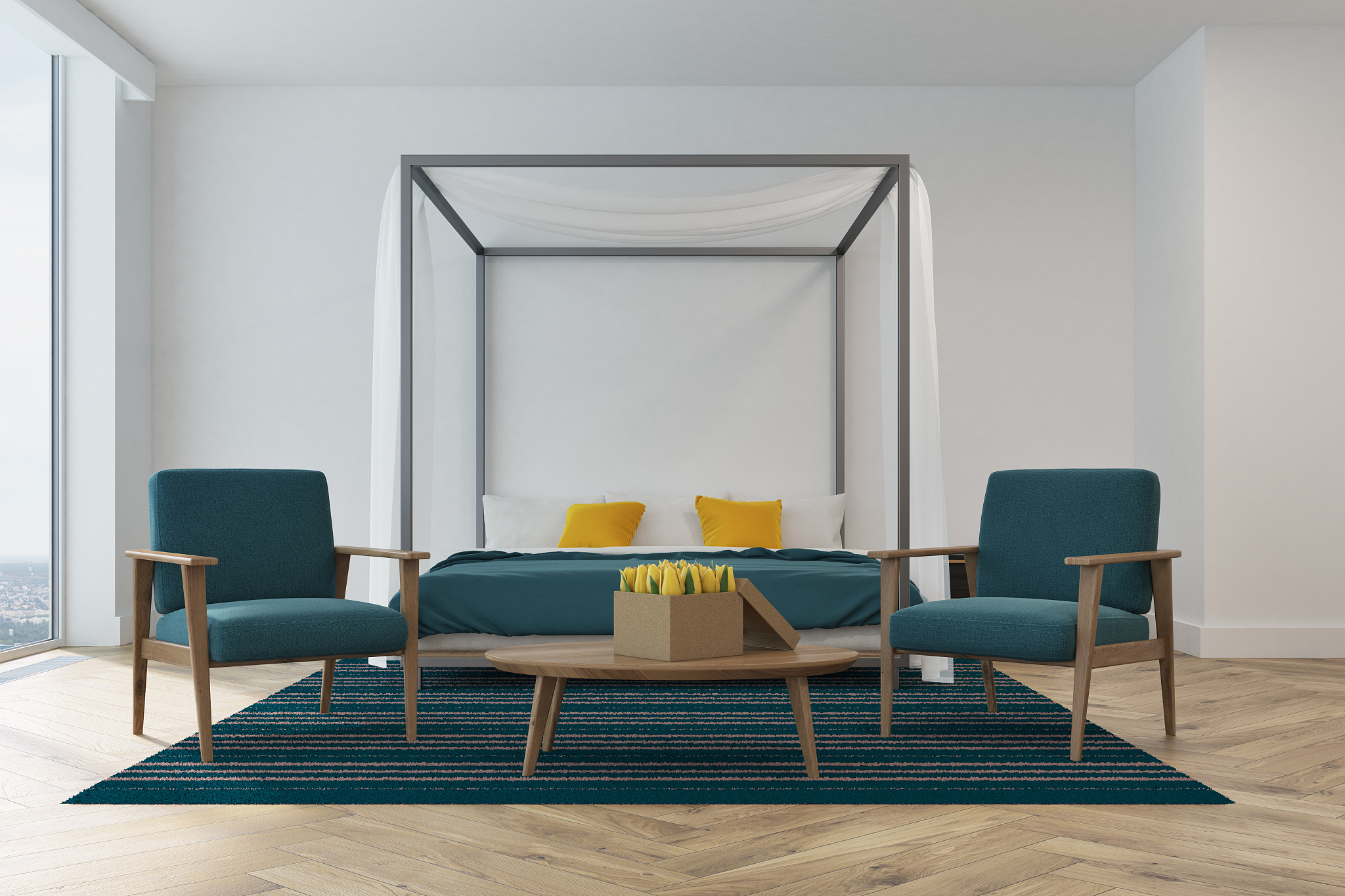 white bedroom, blue armchairs