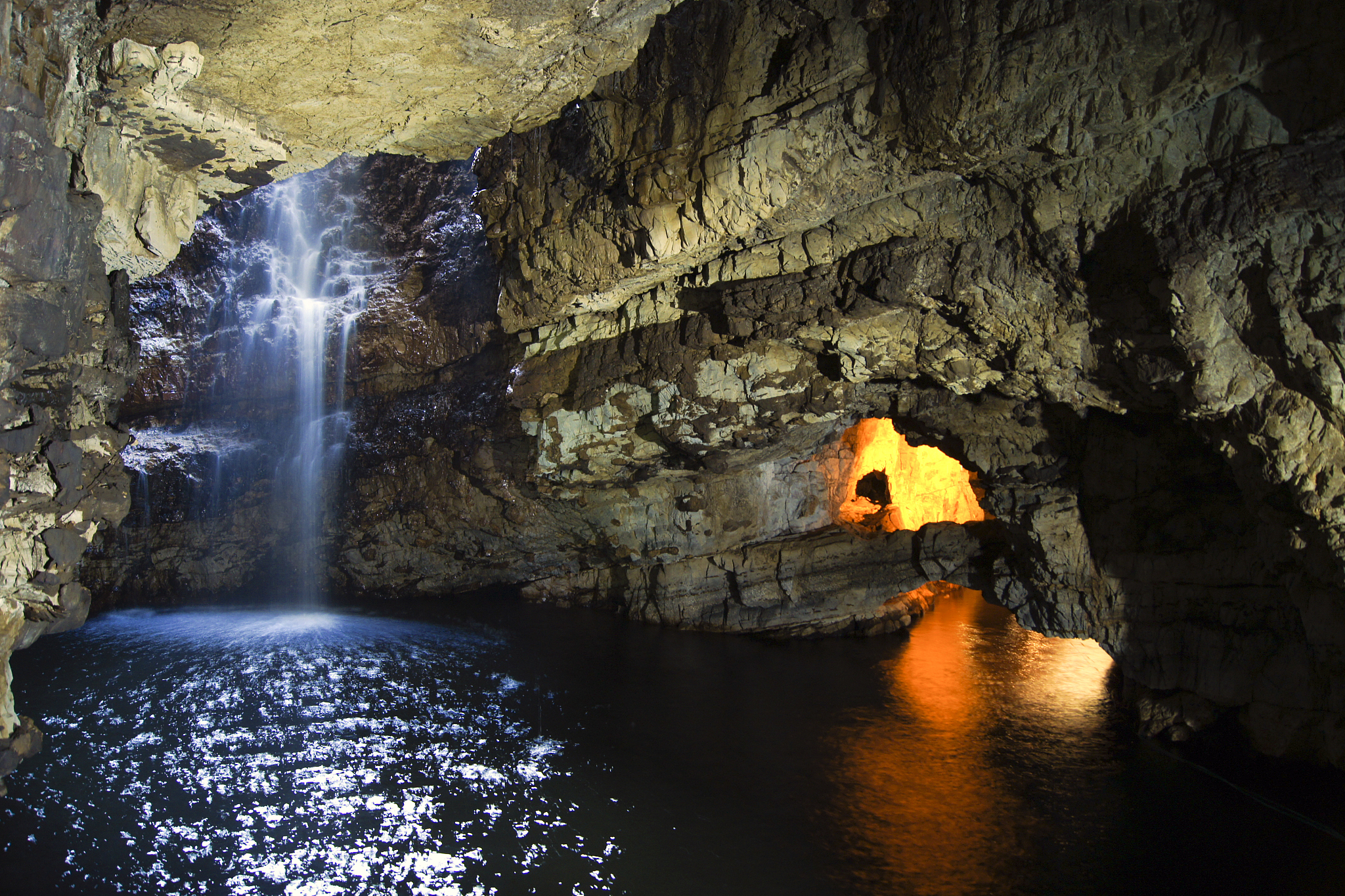 smoo cave with waterfall in durness, scotland