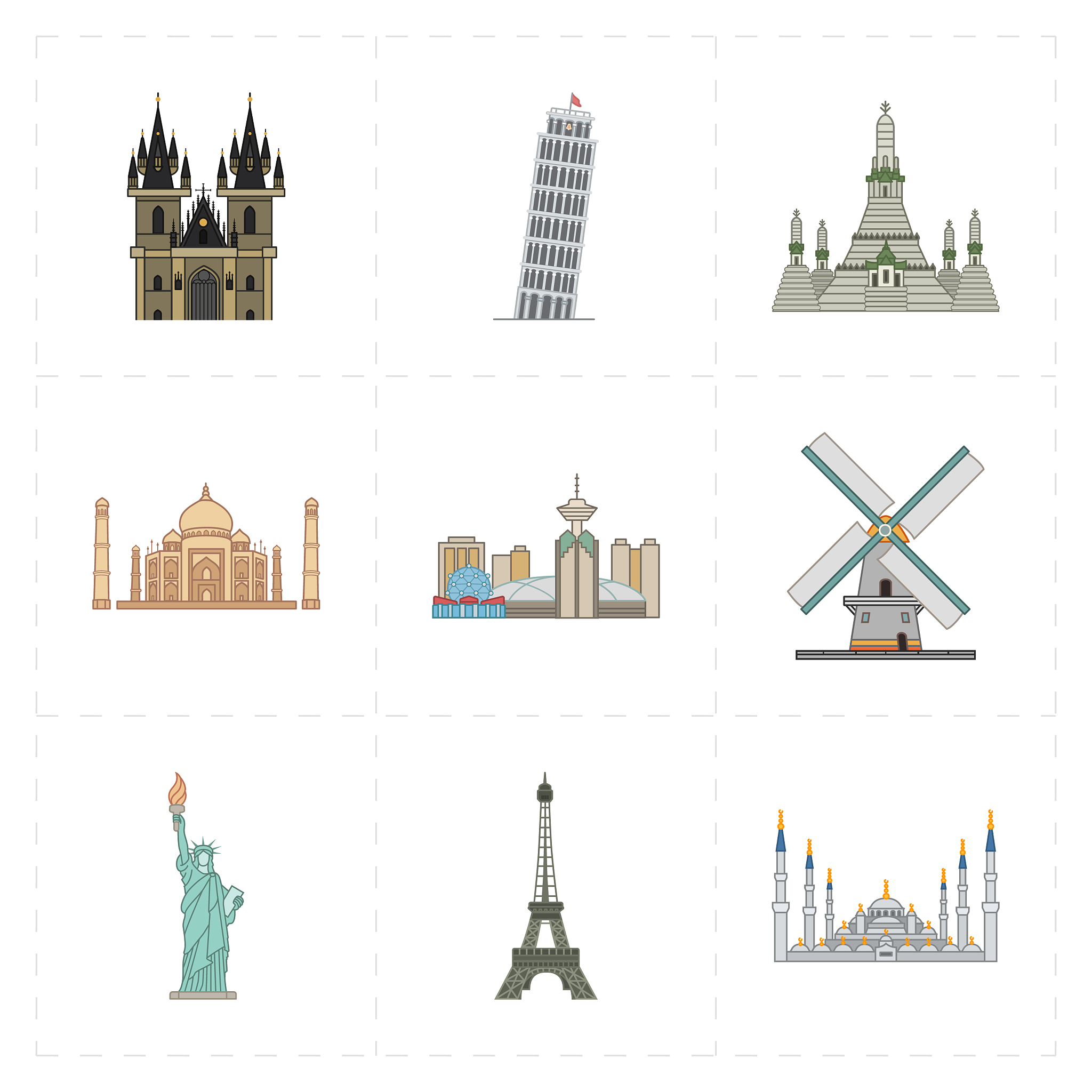 nine flat landmark icons